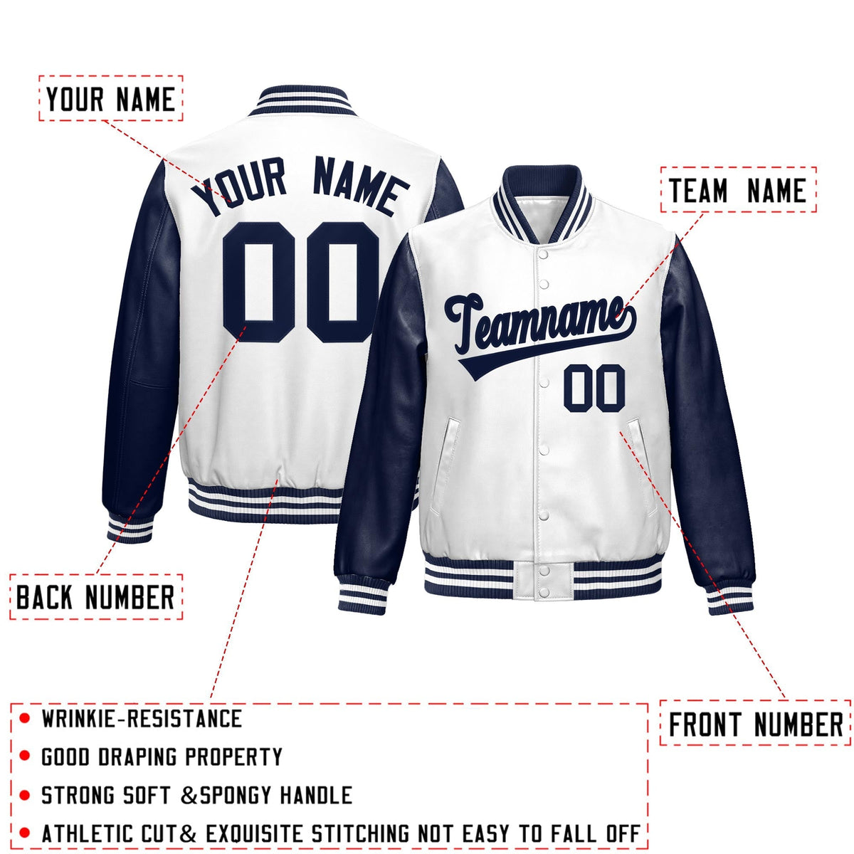 Custom Navy White Raglan Sleeves Full-Snap Varsity Faux Leather Letterman Jacket