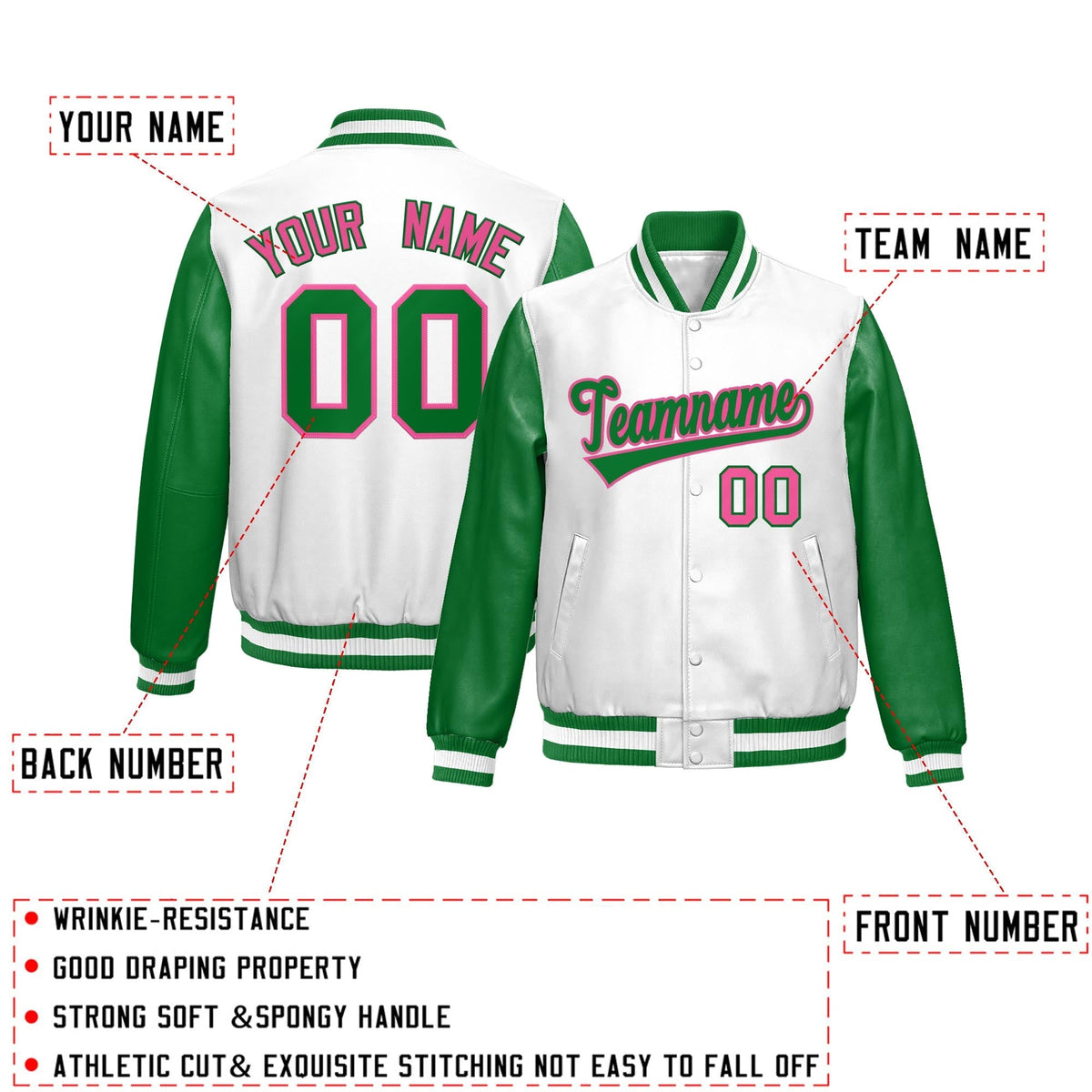 Custom Kelly Green White Raglan Sleeves Full-Snap Varsity Faux Leather Letterman Jacket