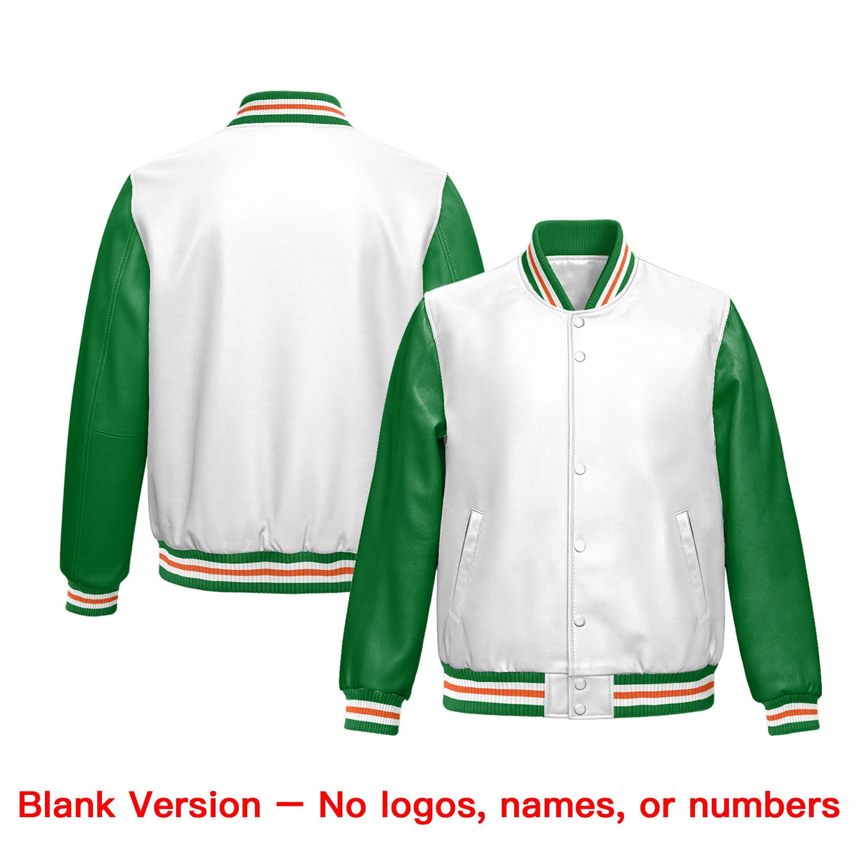 Custom White Kelly Green Raglan Sleeves Full-Snap Varsity Faux Leather Letterman Jacket