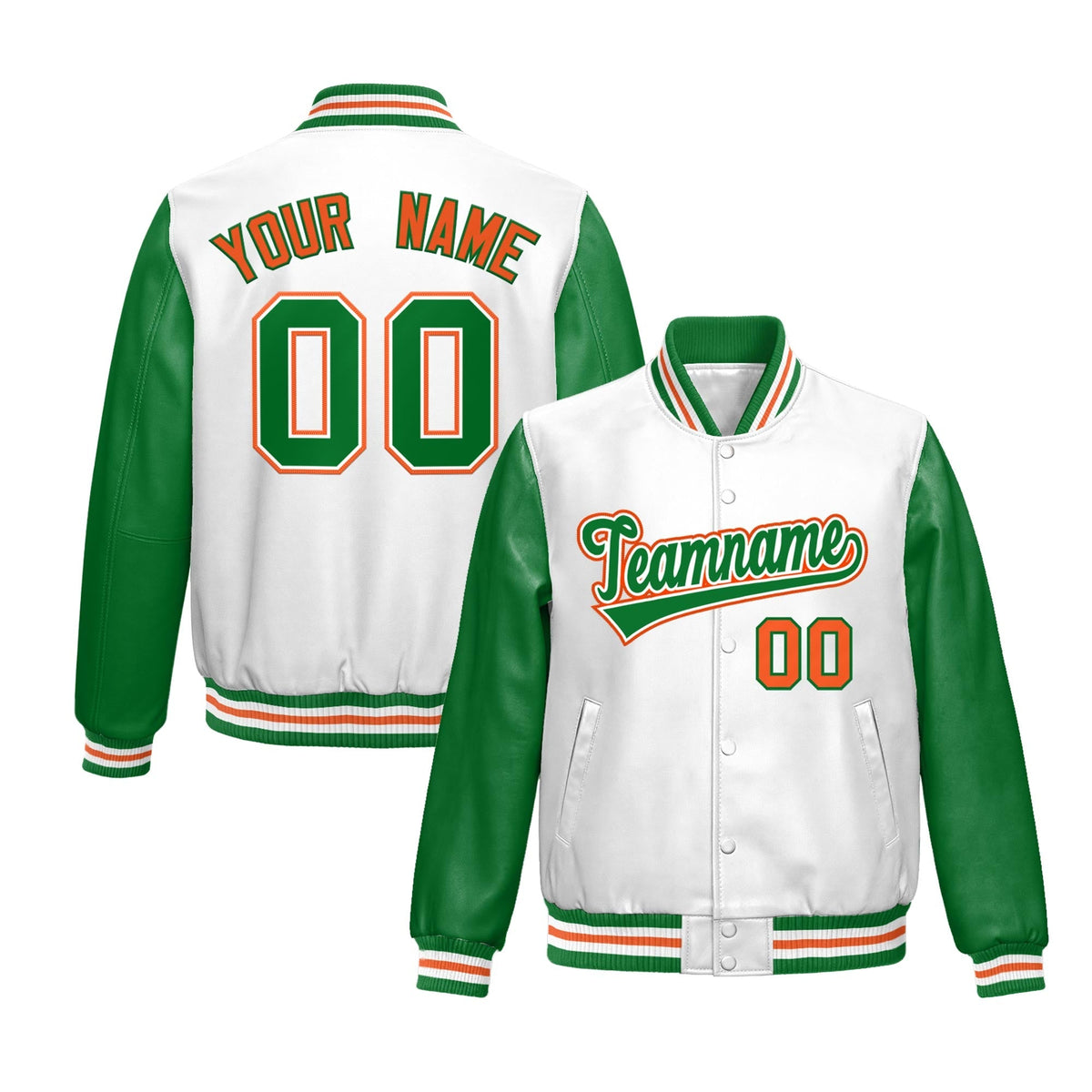 Custom White Kelly Green Raglan Sleeves Full-Snap Varsity Faux Leather Letterman Jacket