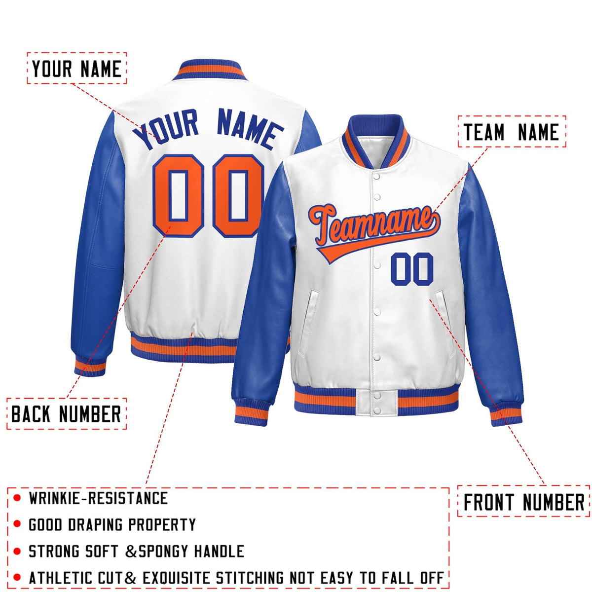 Custom White Royal Blue Raglan Sleeves Full-Snap Varsity Faux Leather Letterman Jacket