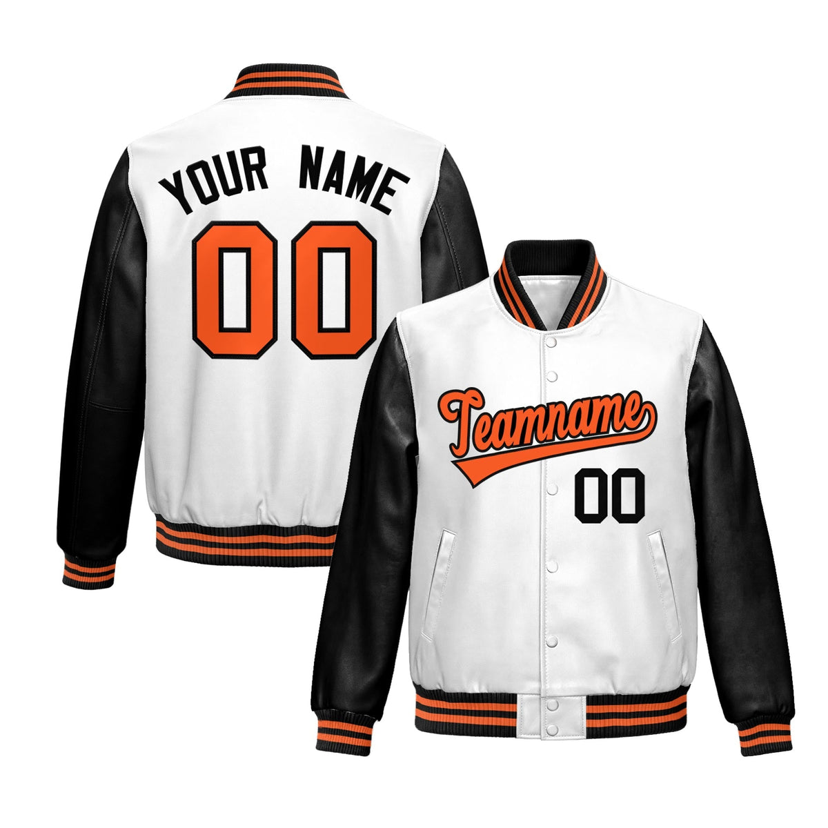 Custom White Black Raglan Sleeves Full-Snap Varsity Faux Leather Letterman Jacket