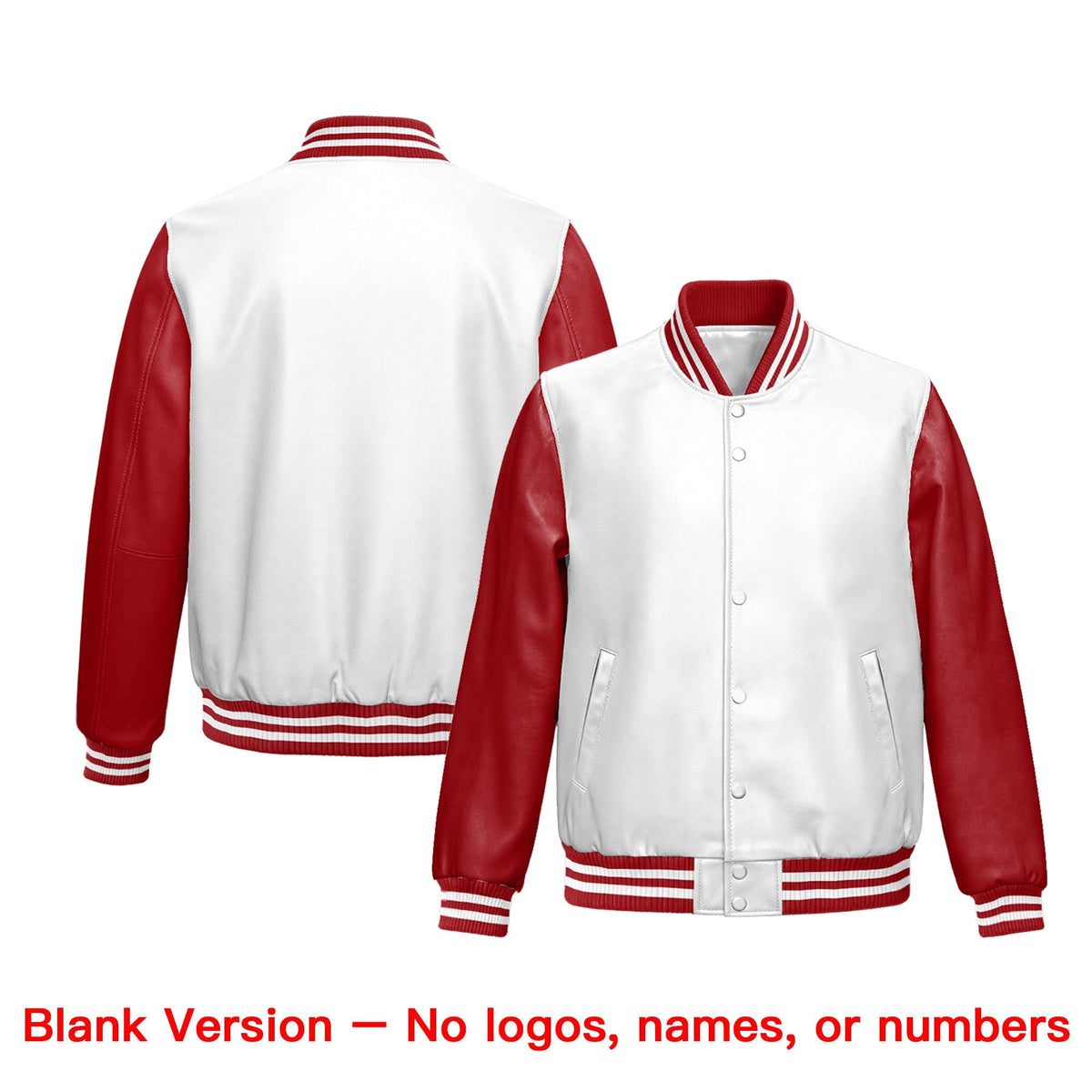 Custom White Red Raglan Sleeves Full-Snap Varsity Faux Leather Letterman Jacket