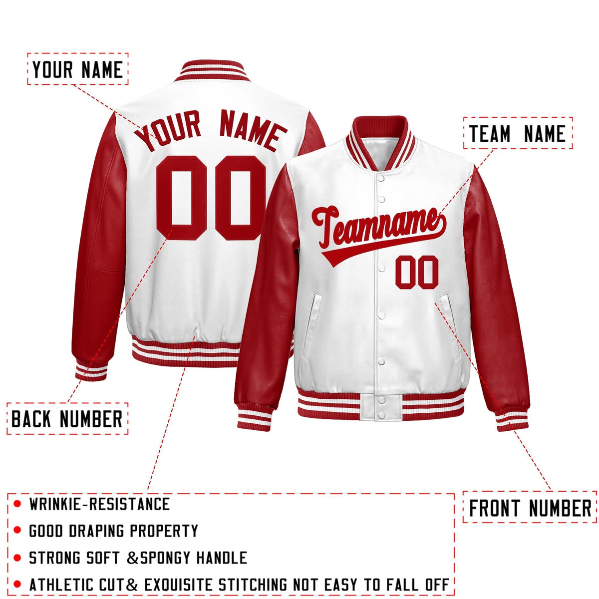 Custom White Red Raglan Sleeves Full-Snap Varsity Faux Leather Letterman Jacket