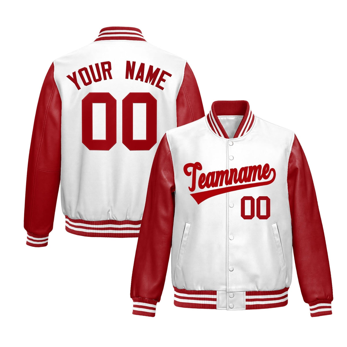 Custom White Red Raglan Sleeves Full-Snap Varsity Faux Leather Letterman Jacket