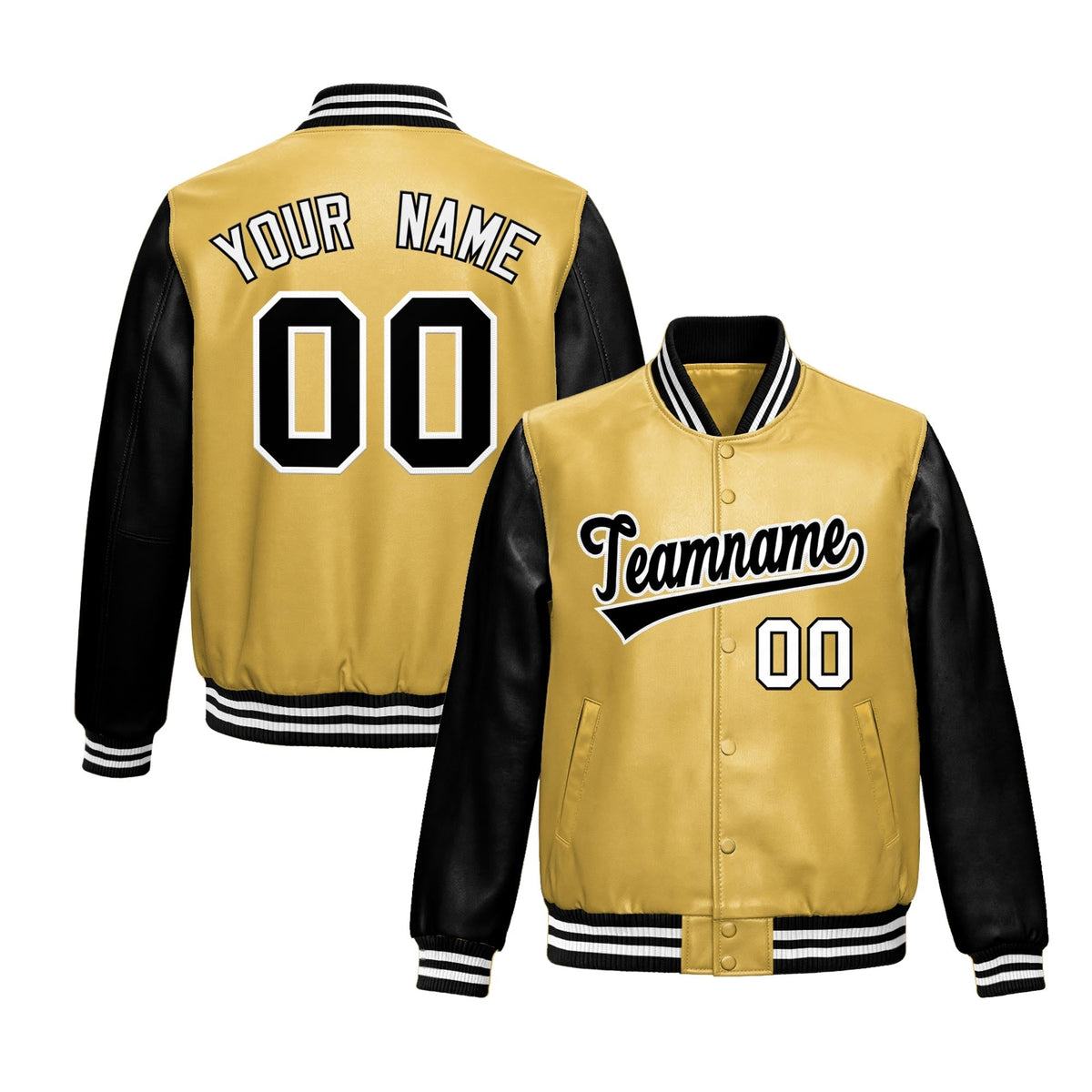 Custom Khaki Black Raglan Sleeves Full-Snap Varsity Faux Leather Letterman Jacket