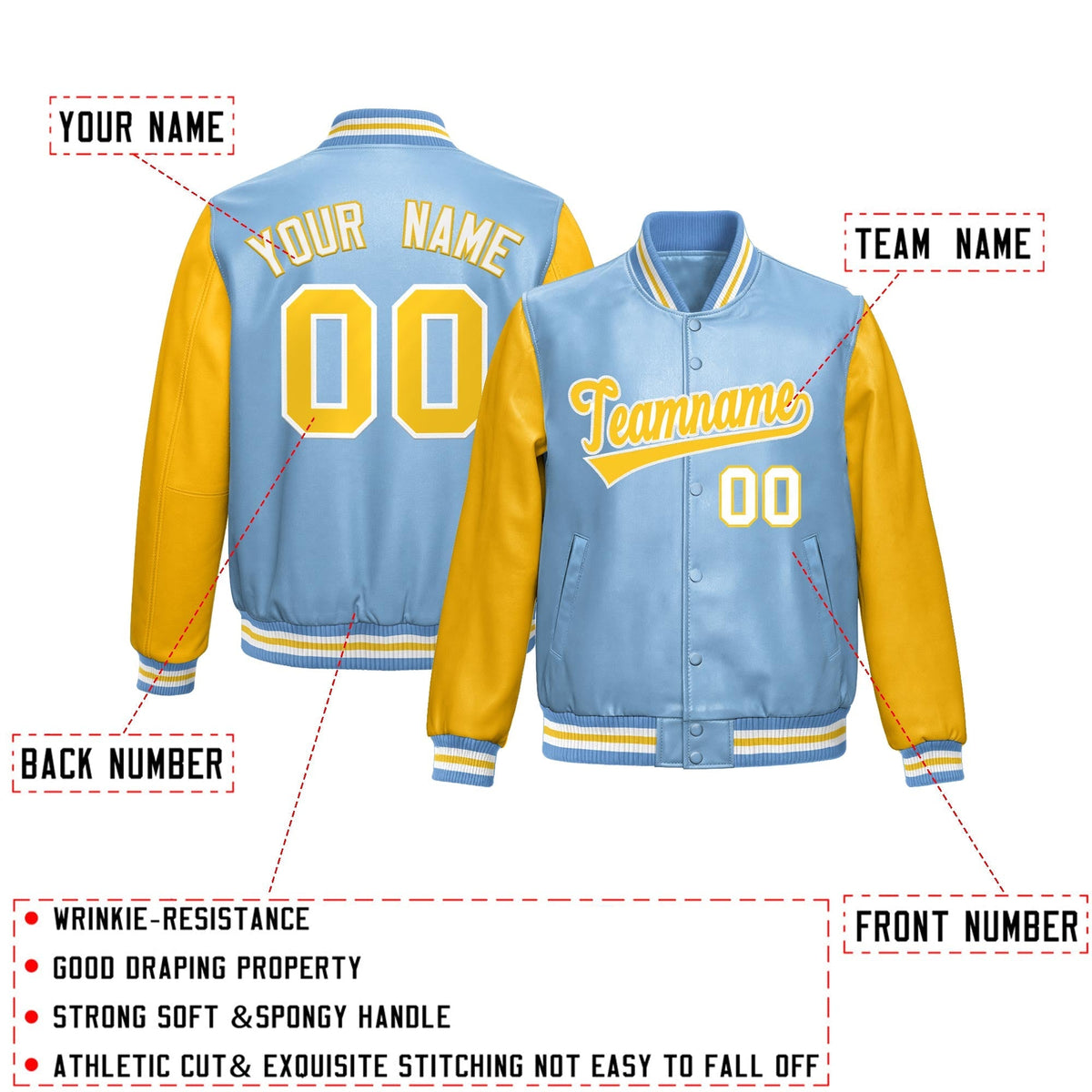 Custom Powder Blue Yellow Raglan Sleeves Full-Snap Varsity Faux Leather Letterman Jacket