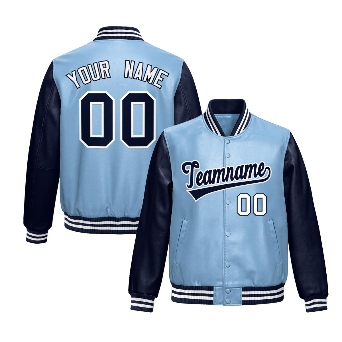 Custom Powder Blue Navy Raglan Sleeves Full-Snap Varsity Faux Leather Letterman Jacket