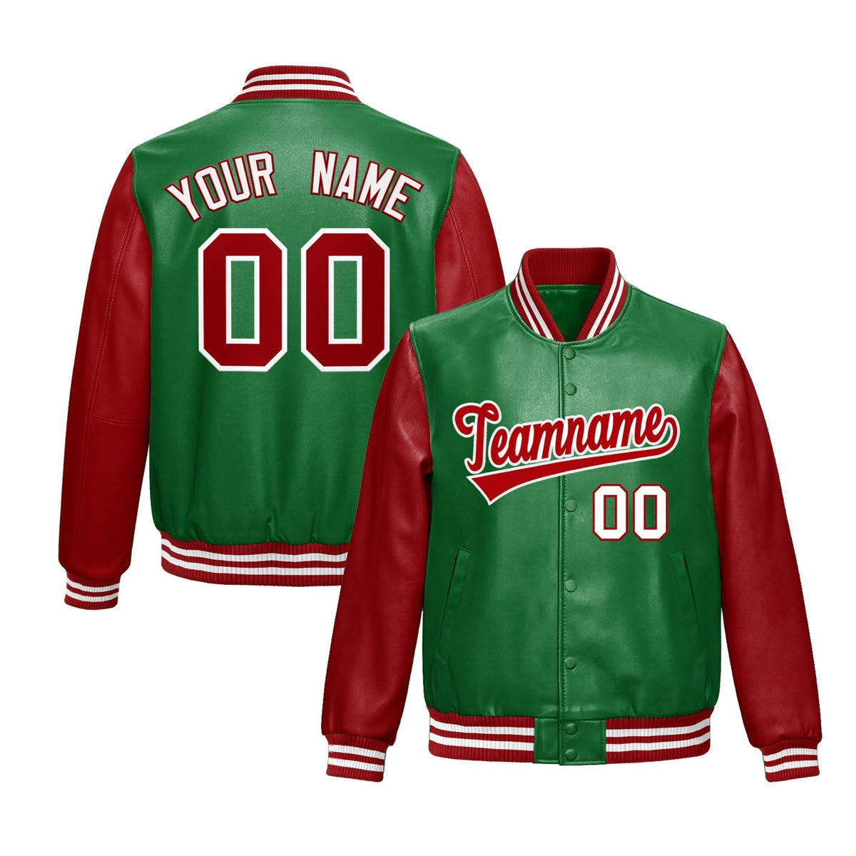 Custom Kelly Green Red Raglan Sleeves Full-Snap Varsity Faux Leather Letterman Jacket