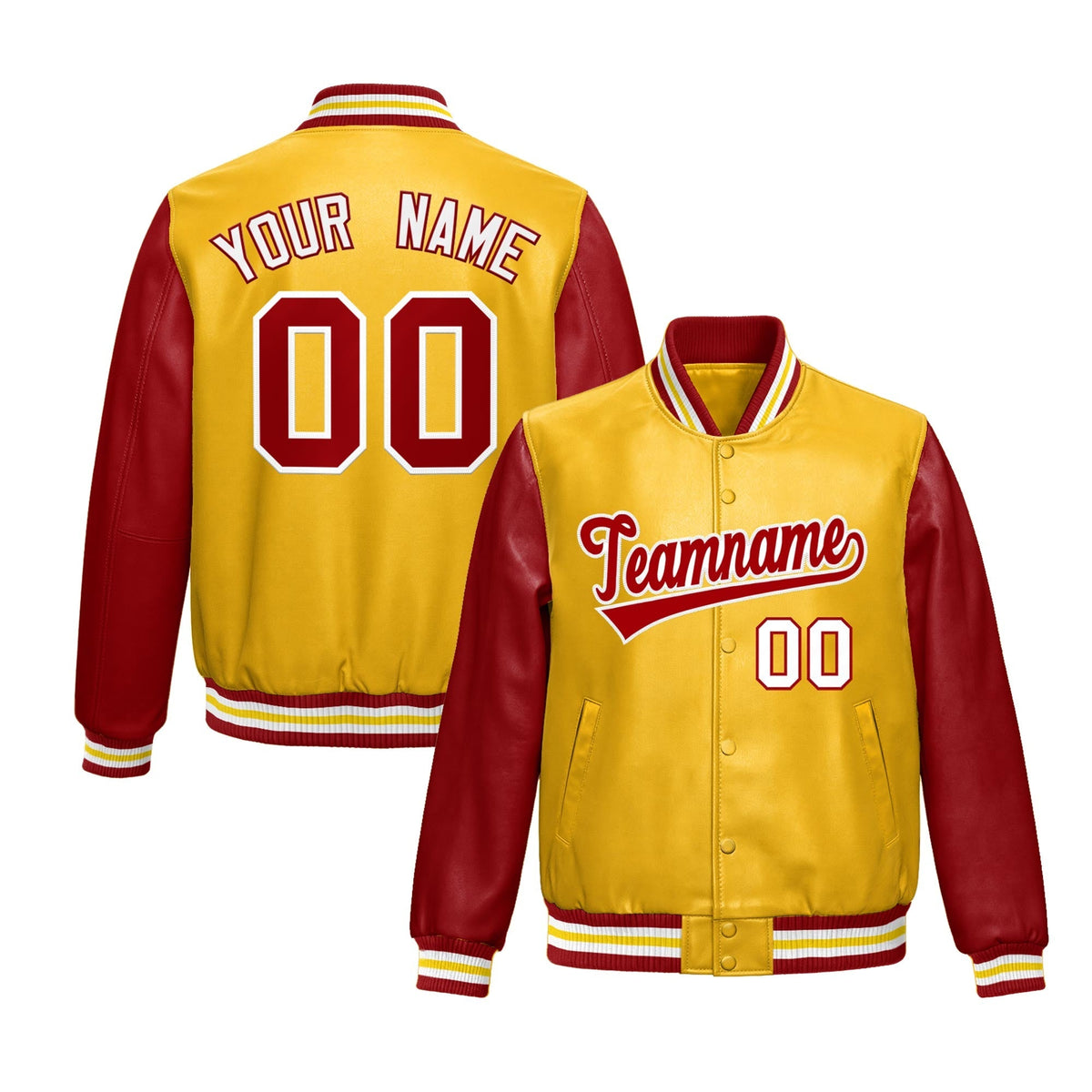 Custom Yellow Red Raglan Sleeves Full-Snap Varsity Faux Leather Letterman Jacket