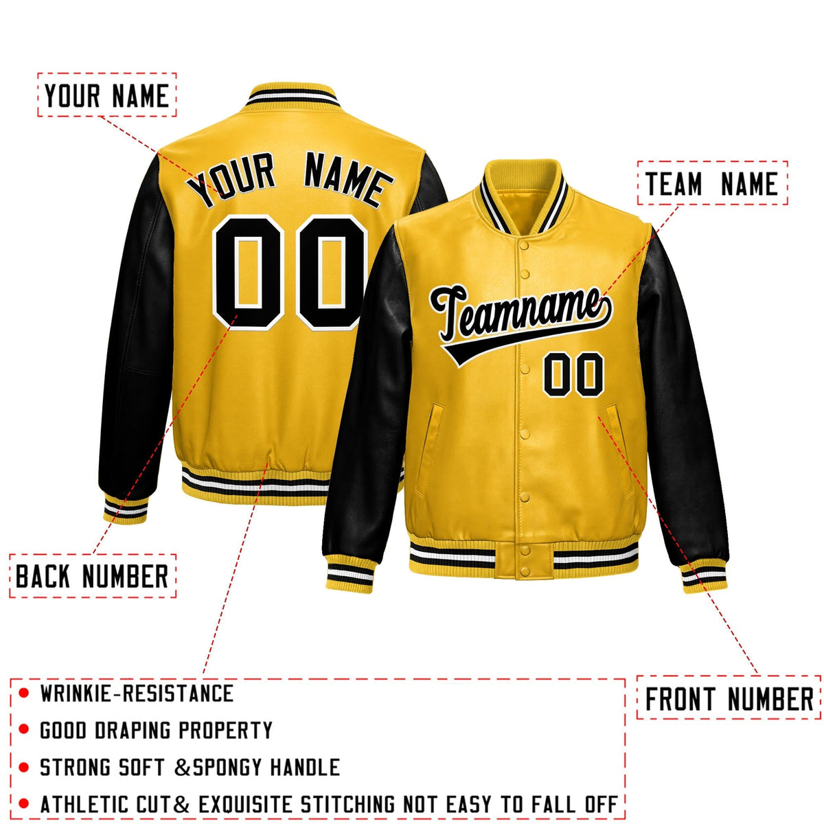 Custom Yellow Black Raglan Sleeves Full-Snap Varsity Faux Leather Letterman Jacket