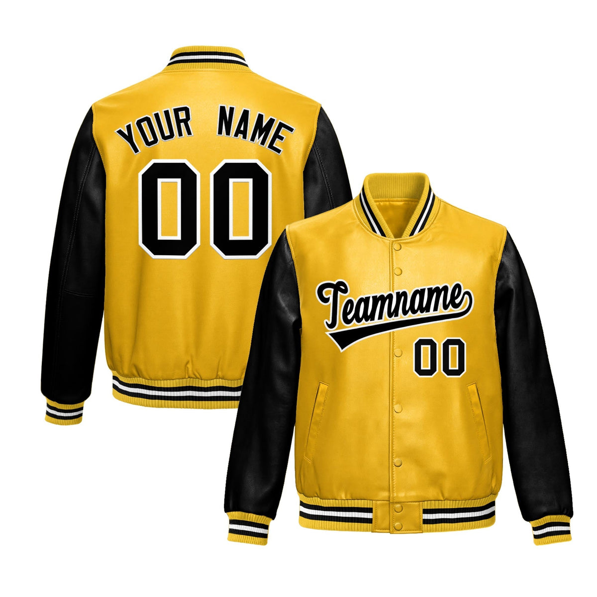 Custom Yellow Black Raglan Sleeves Full-Snap Varsity Faux Leather Letterman Jacket