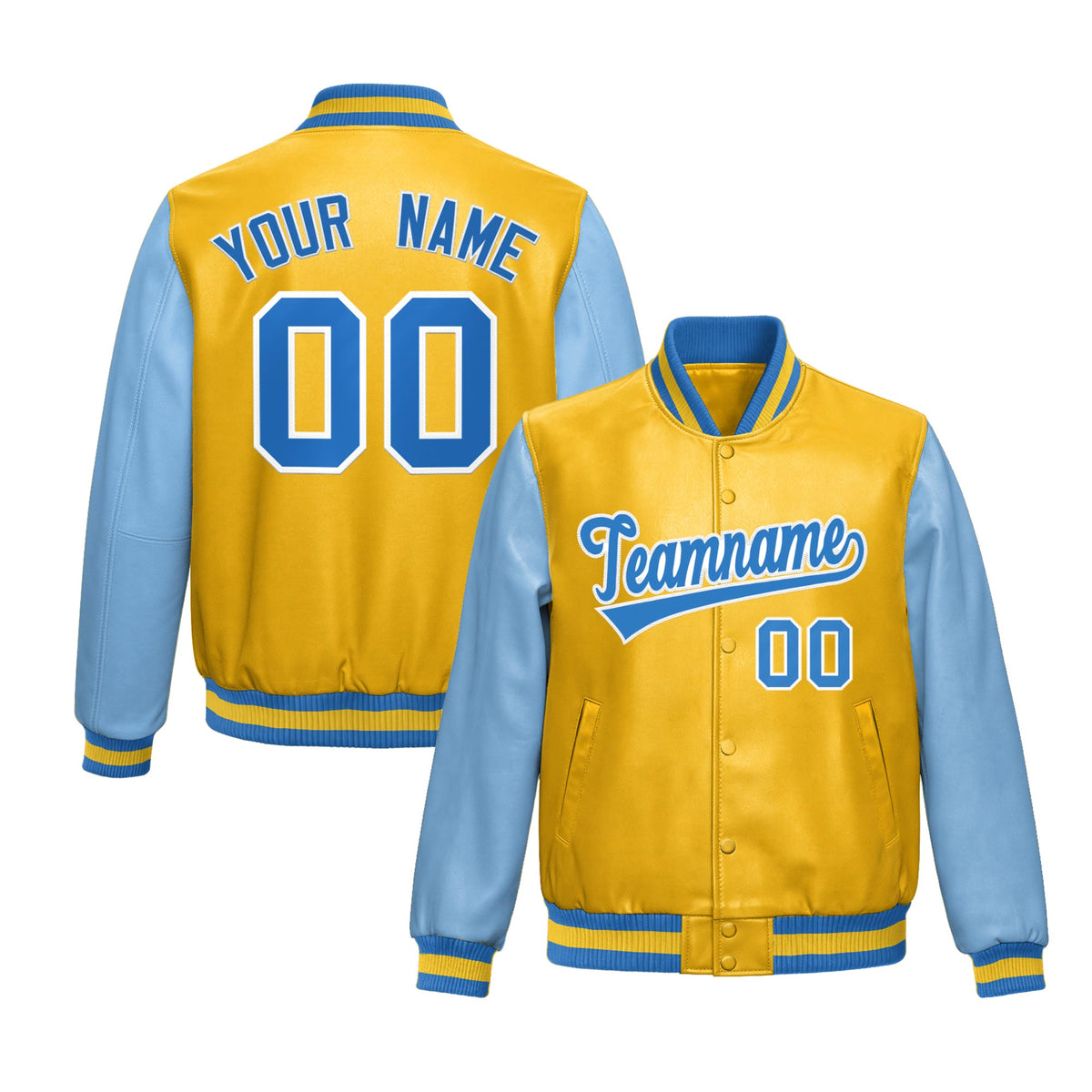 Custom Yellow Powder Blue Raglan Sleeves Full-Snap Varsity Faux Leather Letterman Jacket