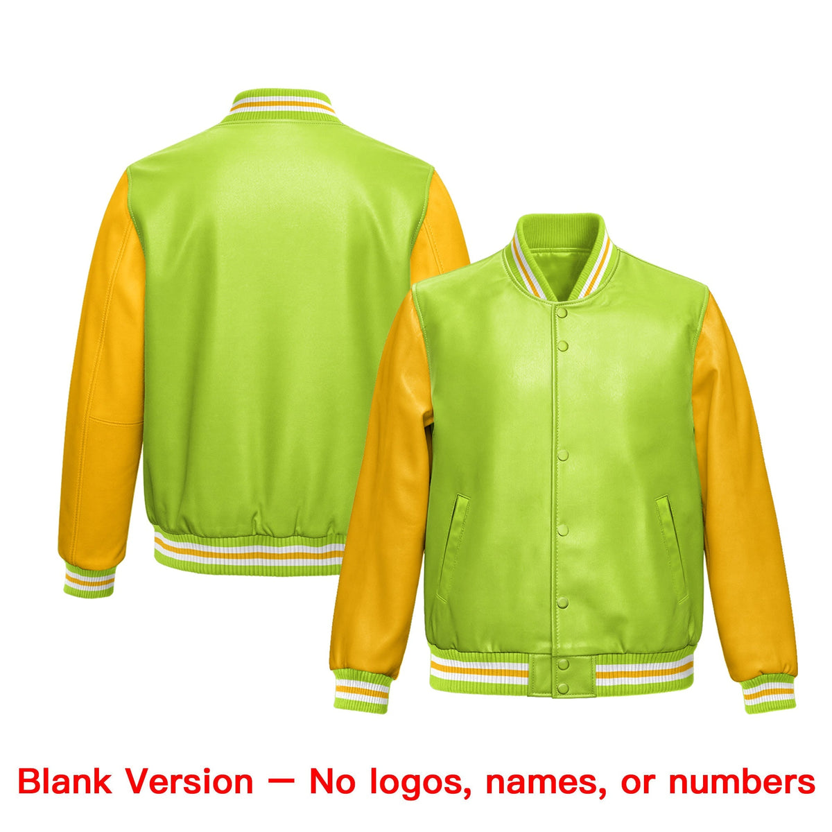 Custom Neon Green Yellow Raglan Sleeves Full-Snap Varsity Faux Leather Letterman Jacket
