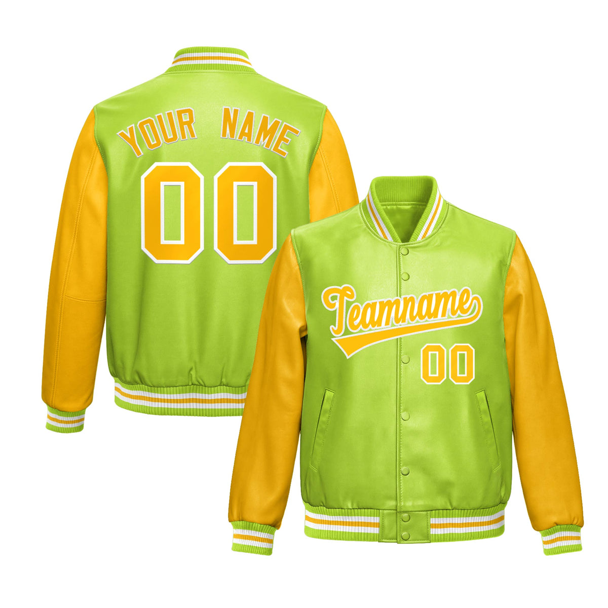 Custom Neon Green Yellow Raglan Sleeves Full-Snap Varsity Faux Leather Letterman Jacket
