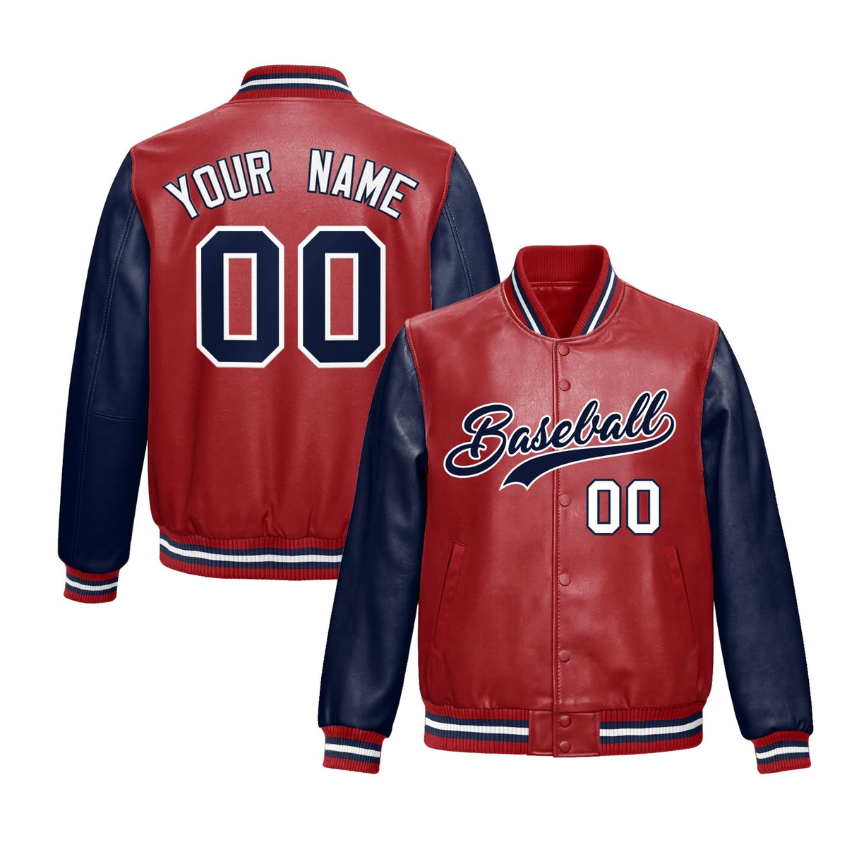 Custom Red Navy Raglan Sleeves Full-Snap Varsity Faux Leather Letterman Jacket