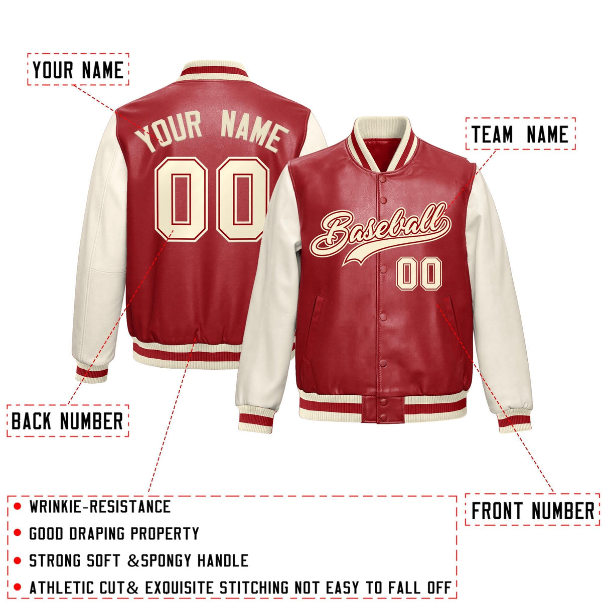 Custom Red Cream Raglan Sleeves Full-Snap Varsity Faux Leather Letterman Jacket