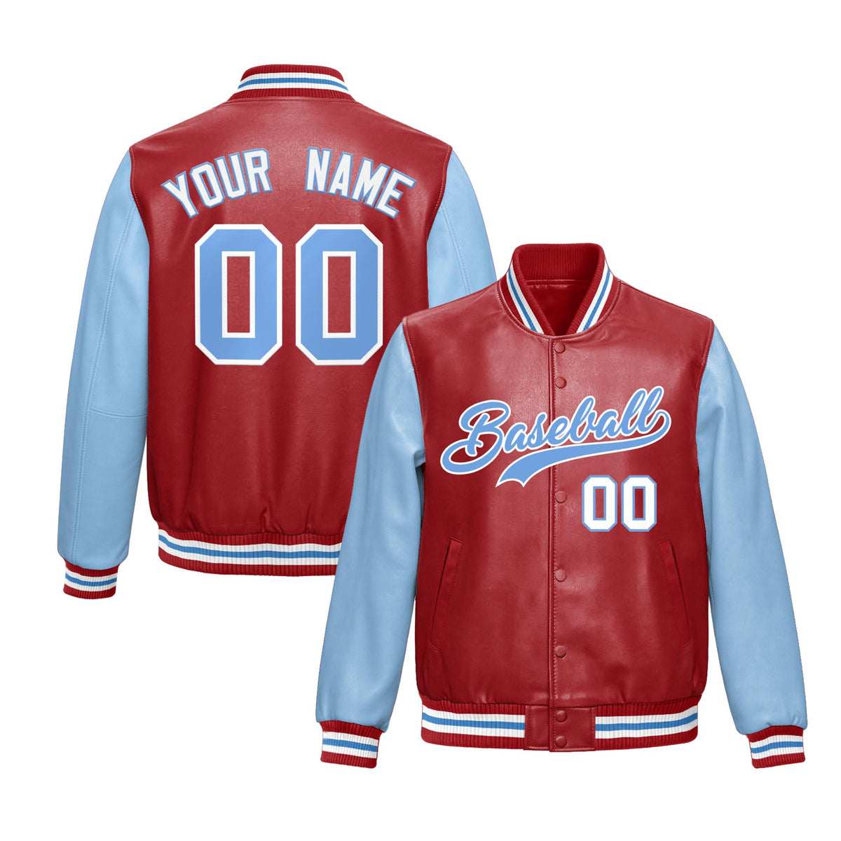 Custom Red Powder Blue Raglan Sleeves Full-Snap Varsity Faux Leather Letterman Jacket