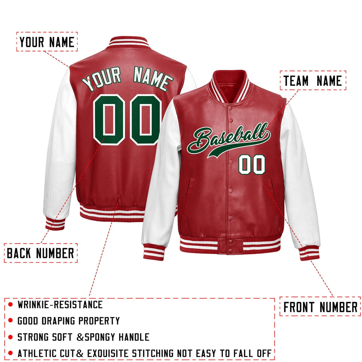 Custom Red White Raglan Sleeves Full-Snap Varsity Faux Leather Letterman Jacket