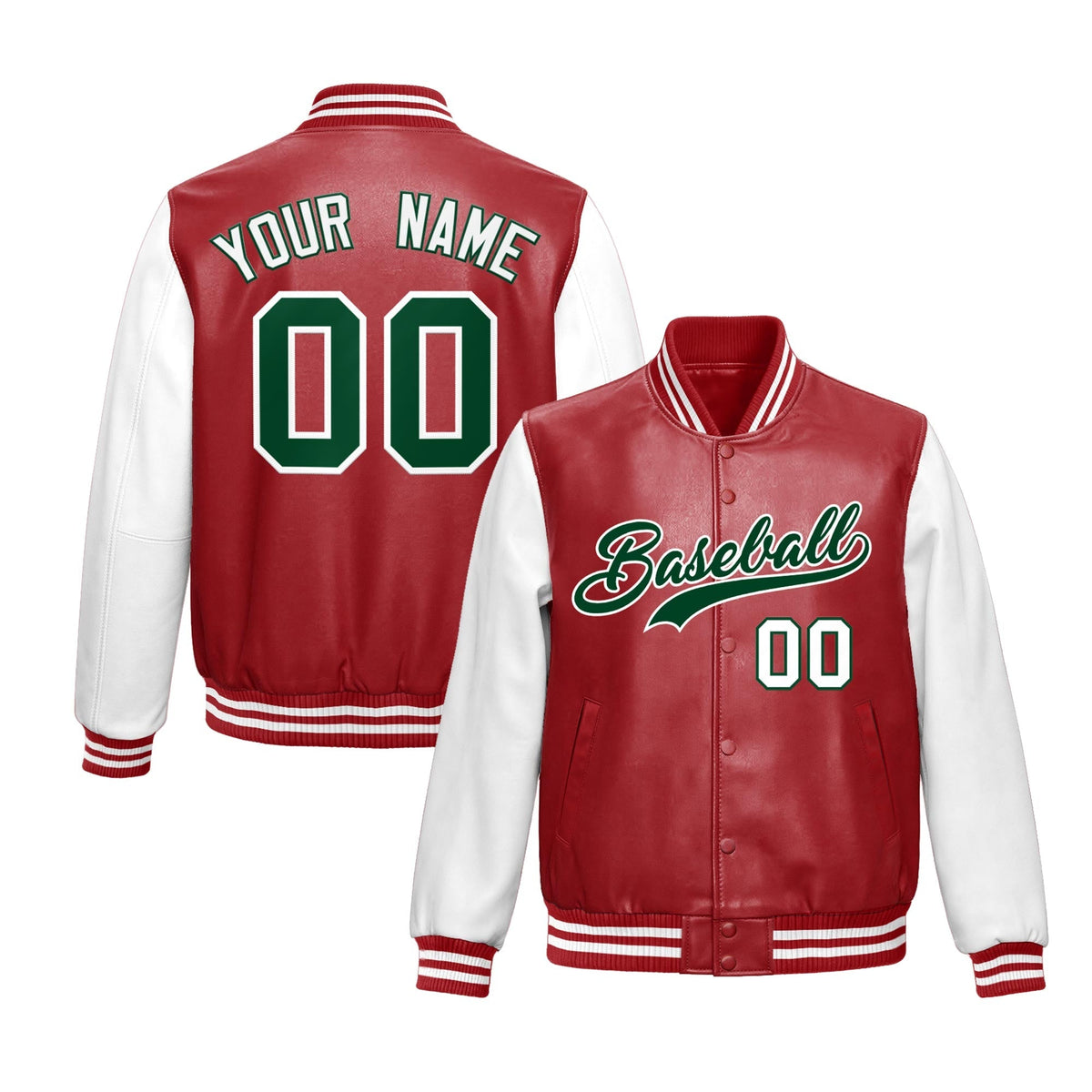 Custom Red White Raglan Sleeves Full-Snap Varsity Faux Leather Letterman Jacket