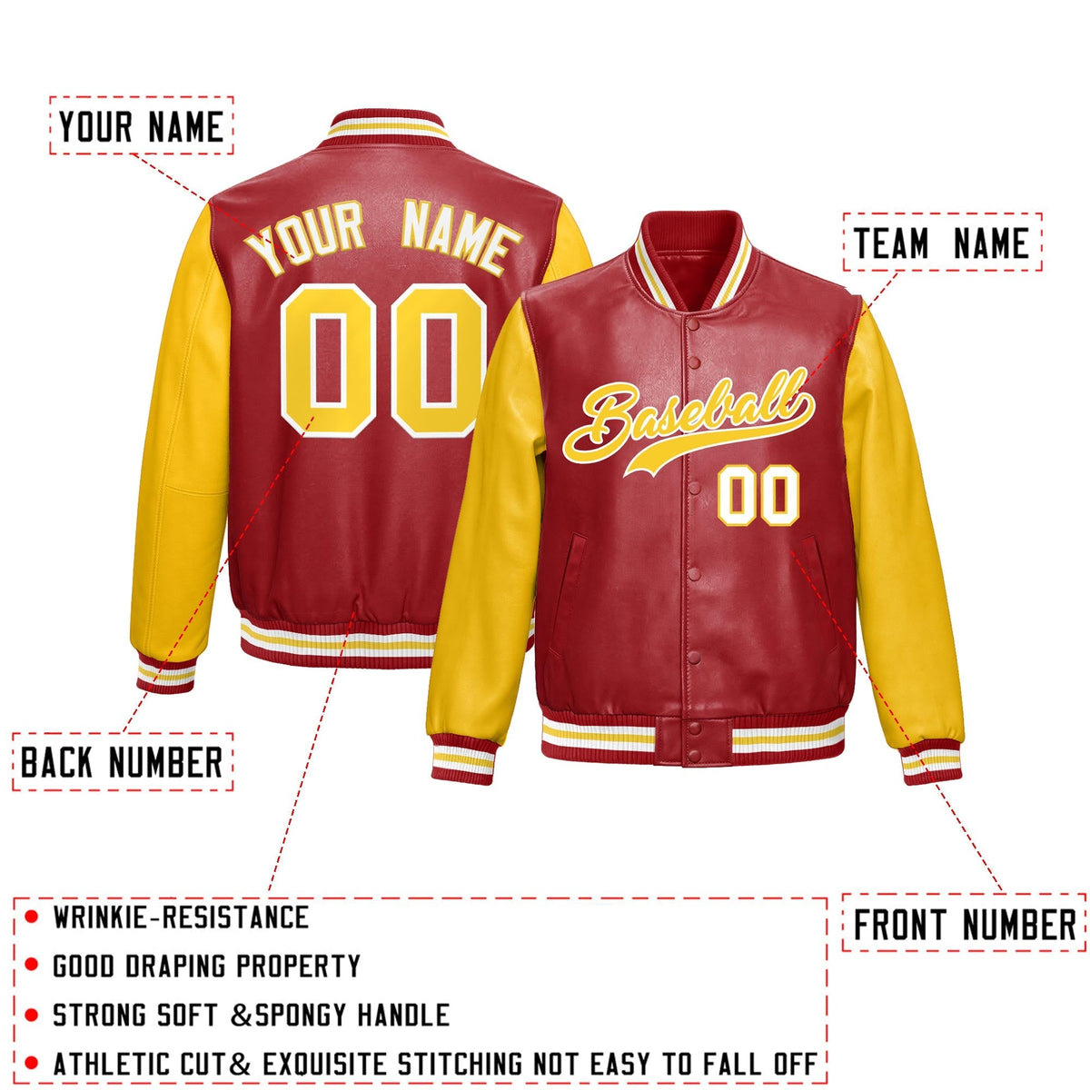 Custom Red Yellow Raglan Sleeves Full-Snap Varsity Faux Leather Letterman Jacket