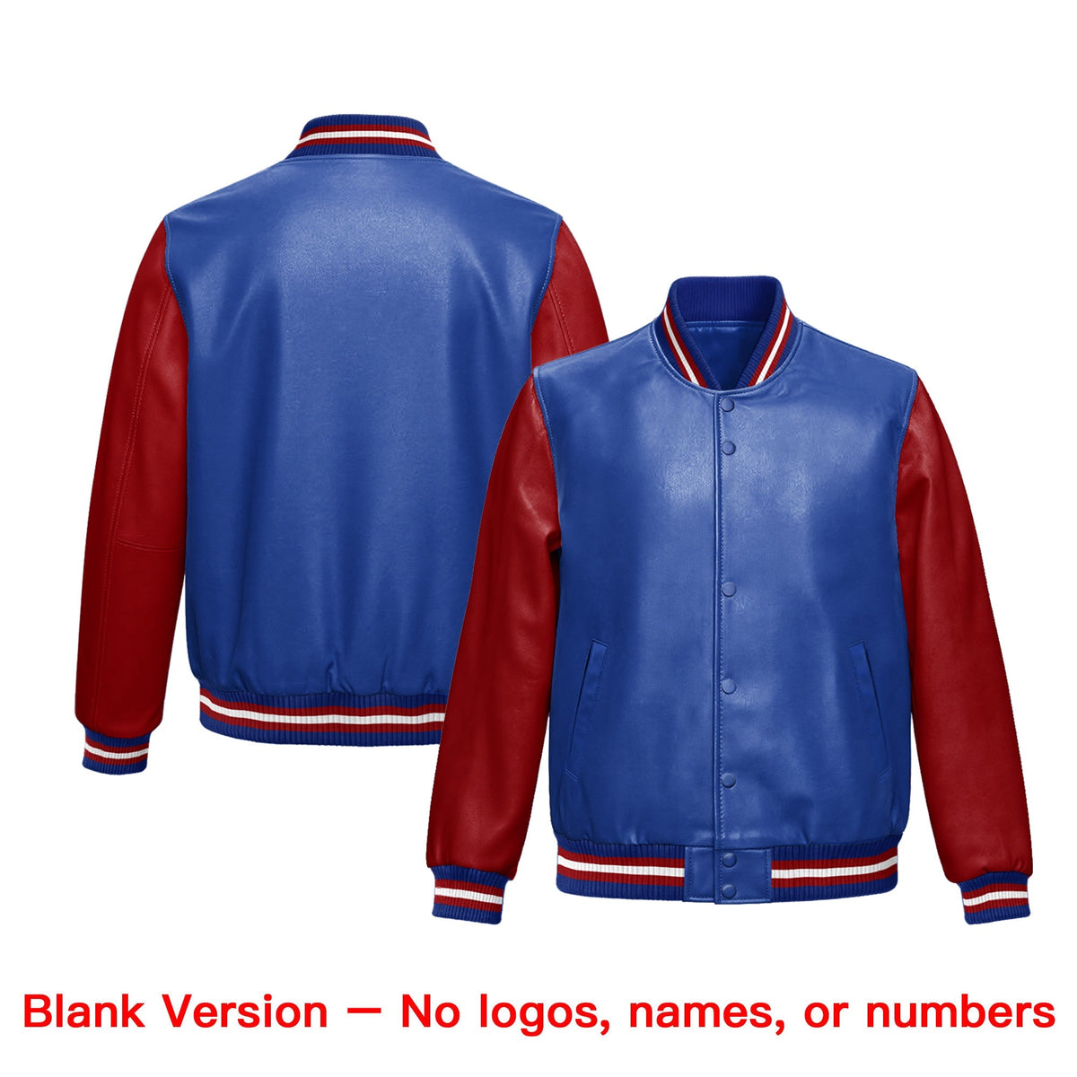 Custom Royal Blue Red Raglan Sleeves Full-Snap Varsity Faux Leather Letterman Jacket