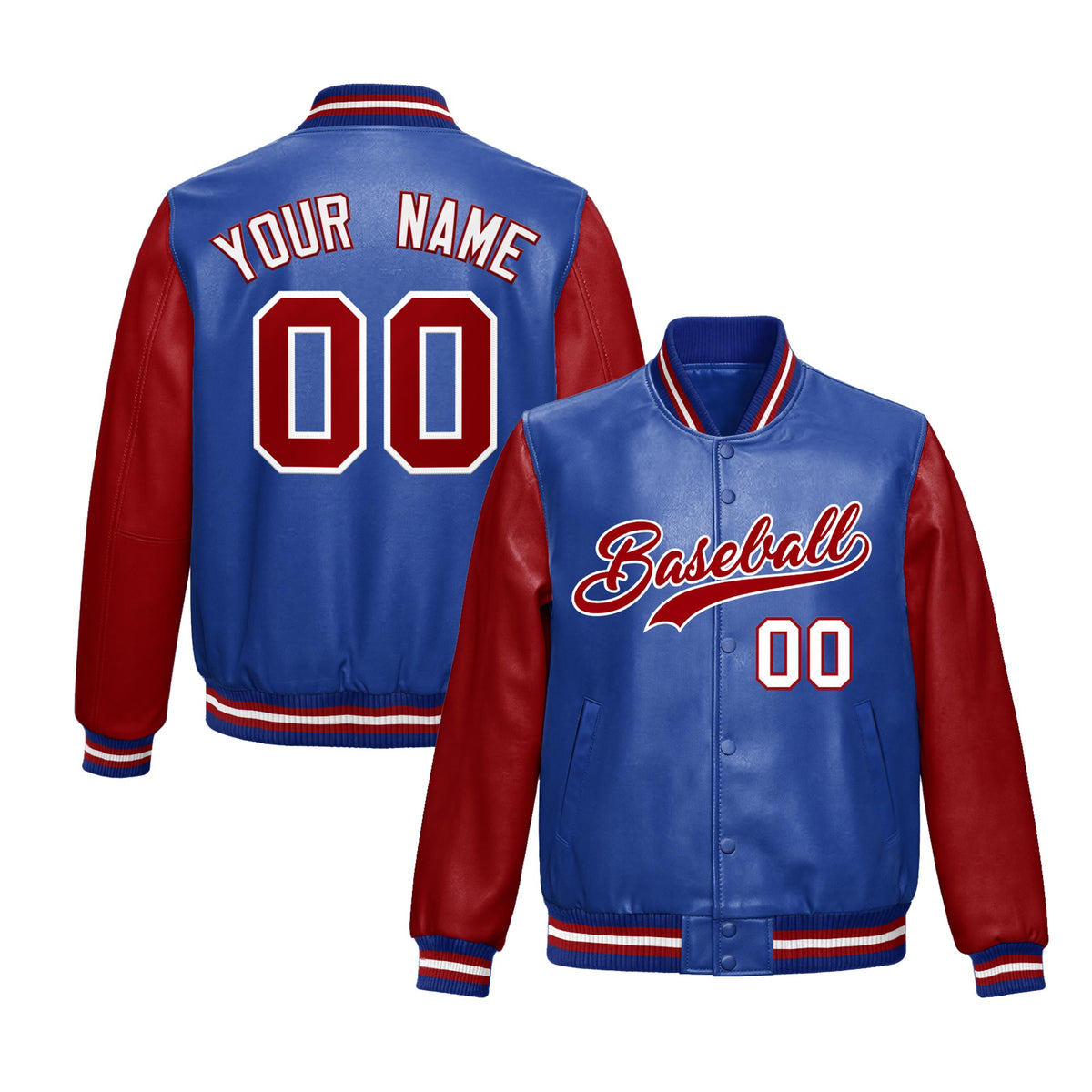 Custom Royal Blue Red Raglan Sleeves Full-Snap Varsity Faux Leather Letterman Jacket
