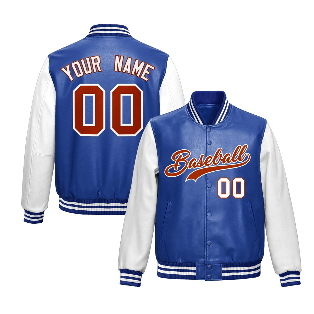 Custom Royal Blue White Raglan Sleeves Full-Snap Varsity Faux Leather Letterman Jacket