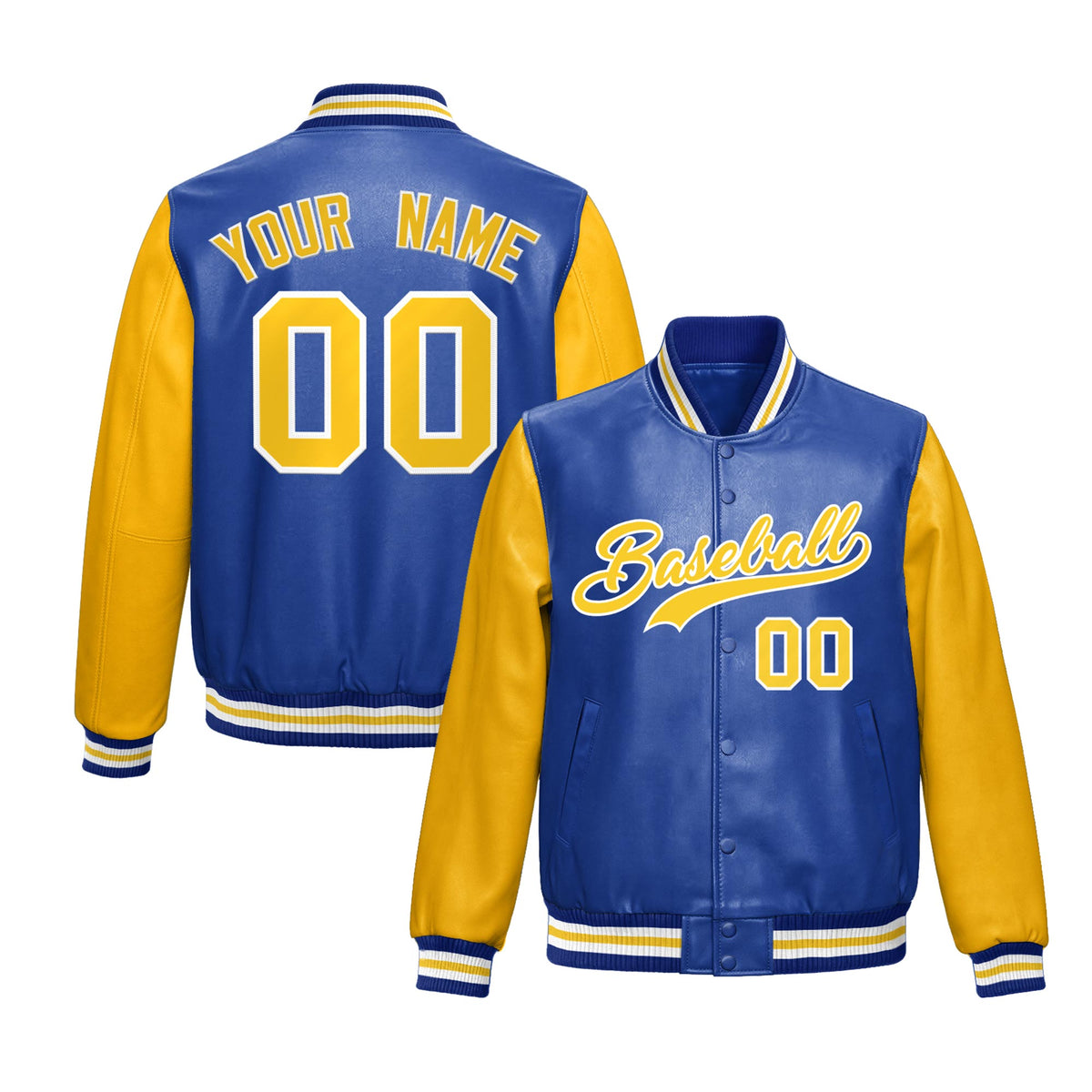 Custom Royal Blue Yellow Raglan Sleeves Full-Snap Varsity Faux Leather Letterman Jacket