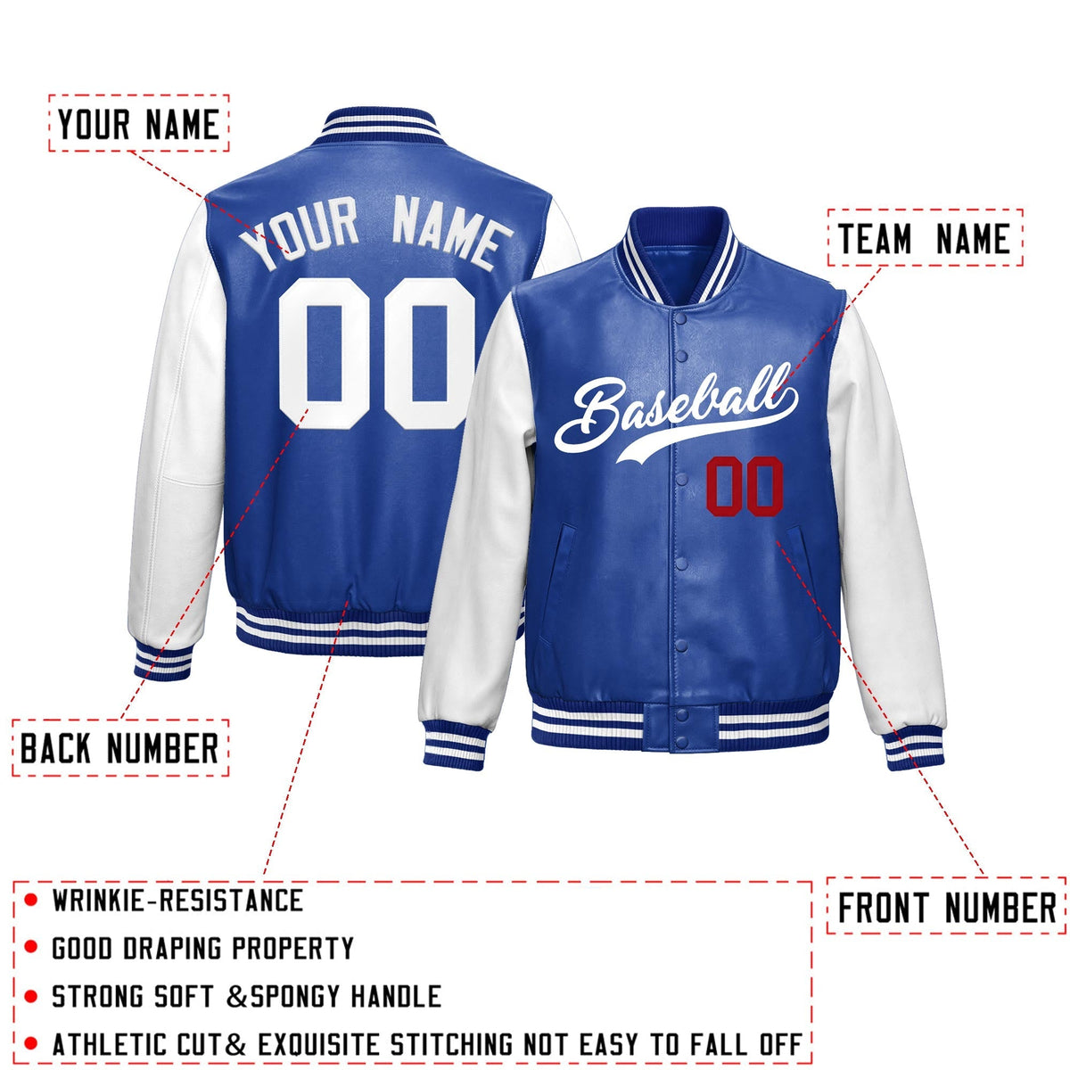 Custom Royal Blue White Raglan Sleeves Full-Snap Varsity Faux Leather Letterman Jacket