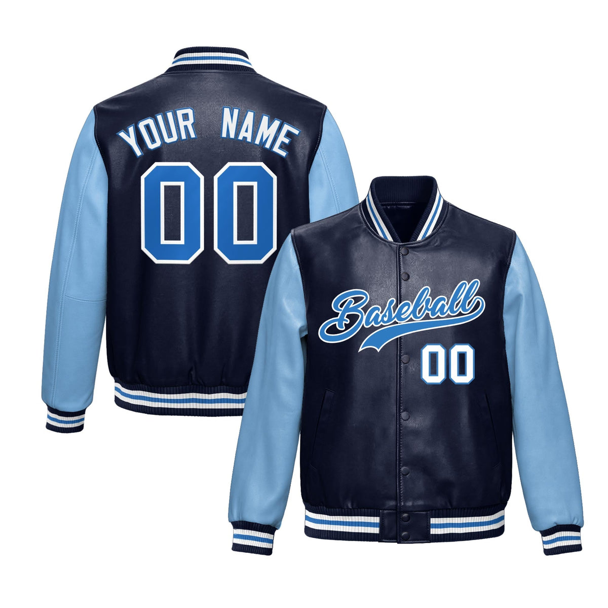 Custom Navy Powder Blue Raglan Sleeves Full-Snap Varsity Faux Leather Letterman Jacket