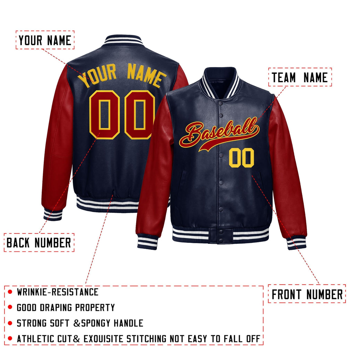 Custom Navy Red Raglan Sleeves Full-Snap Varsity Faux Leather Letterman Jacket