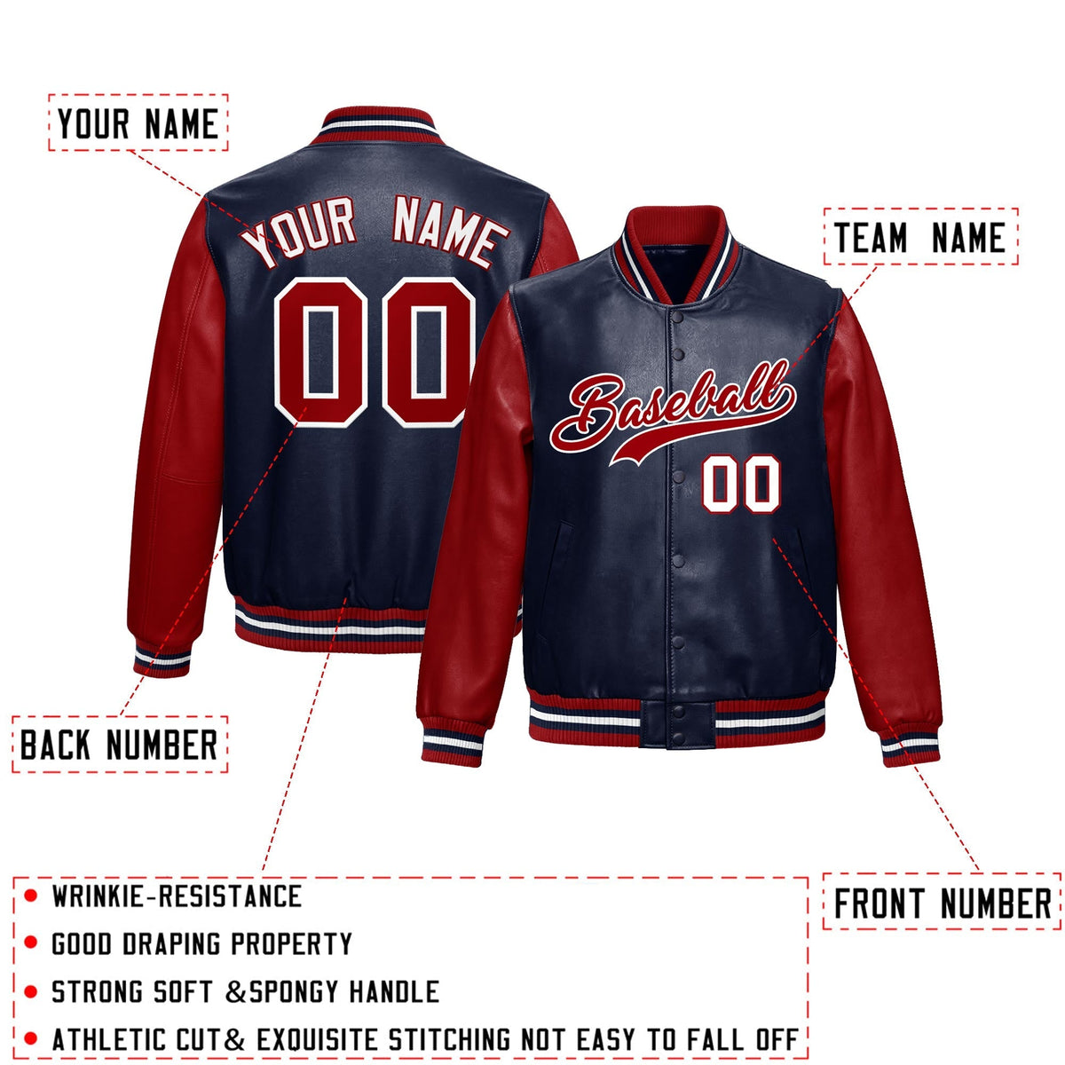 Custom Navy Red Raglan Sleeves Full-Snap Varsity Faux Leather Letterman Jacket