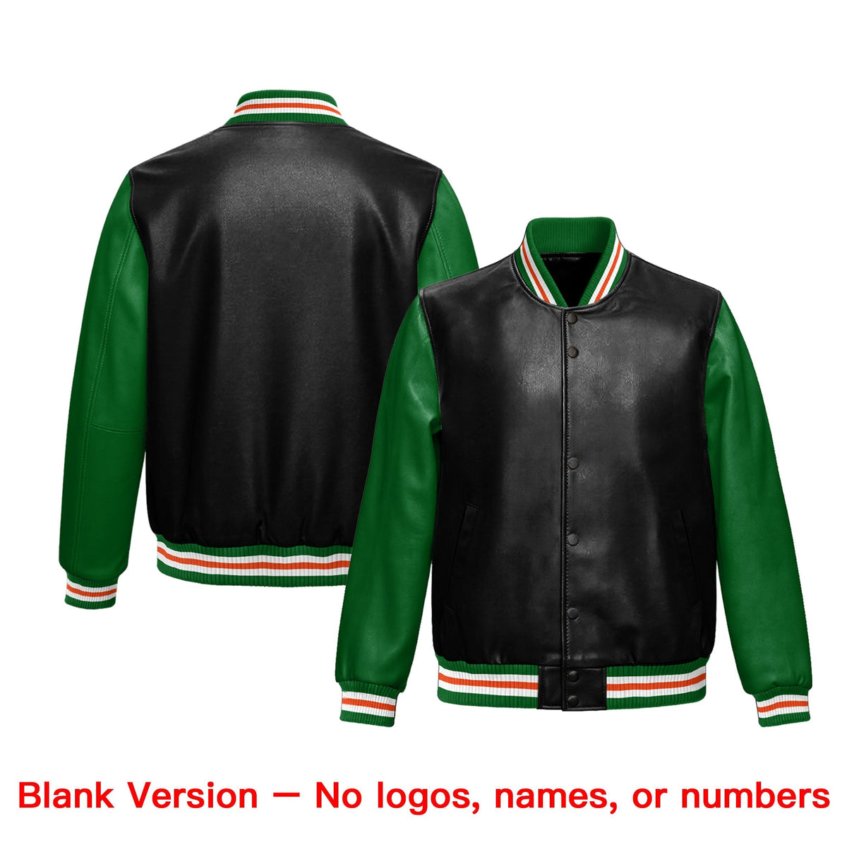 Custom Black Kelly Green Raglan Sleeves Full-Snap Varsity Faux Leather Letterman Jacket