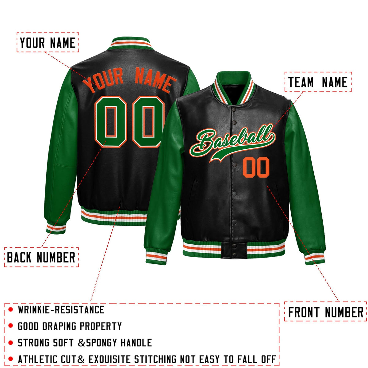 Custom Black Kelly Green Raglan Sleeves Full-Snap Varsity Faux Leather Letterman Jacket