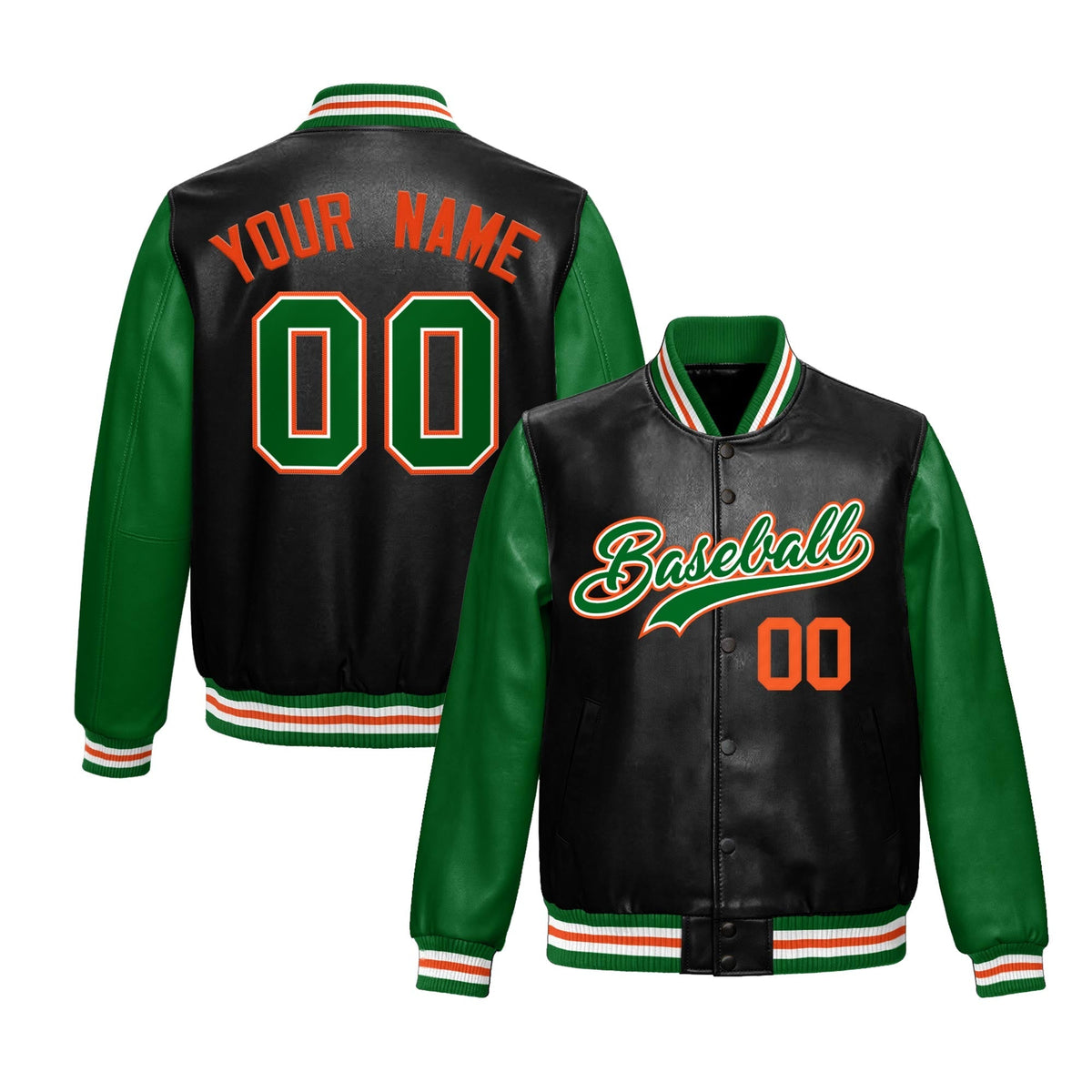 Custom Black Kelly Green Raglan Sleeves Full-Snap Varsity Faux Leather Letterman Jacket