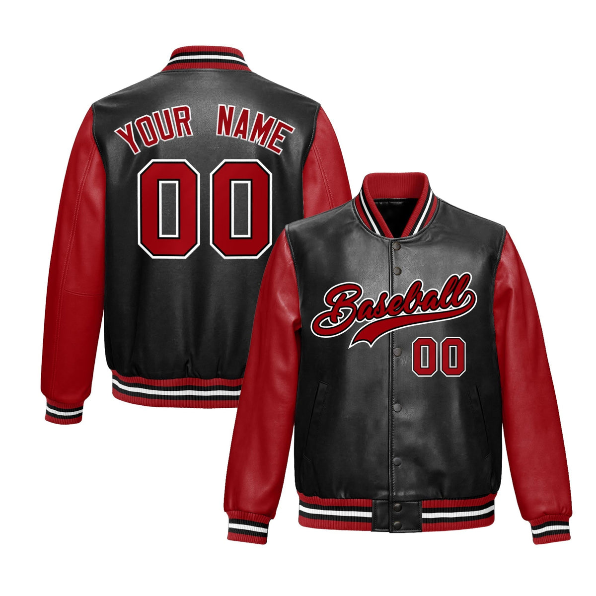 Custom Black Red Raglan Sleeves Full-Snap Varsity Faux Leather Letterman Jacket