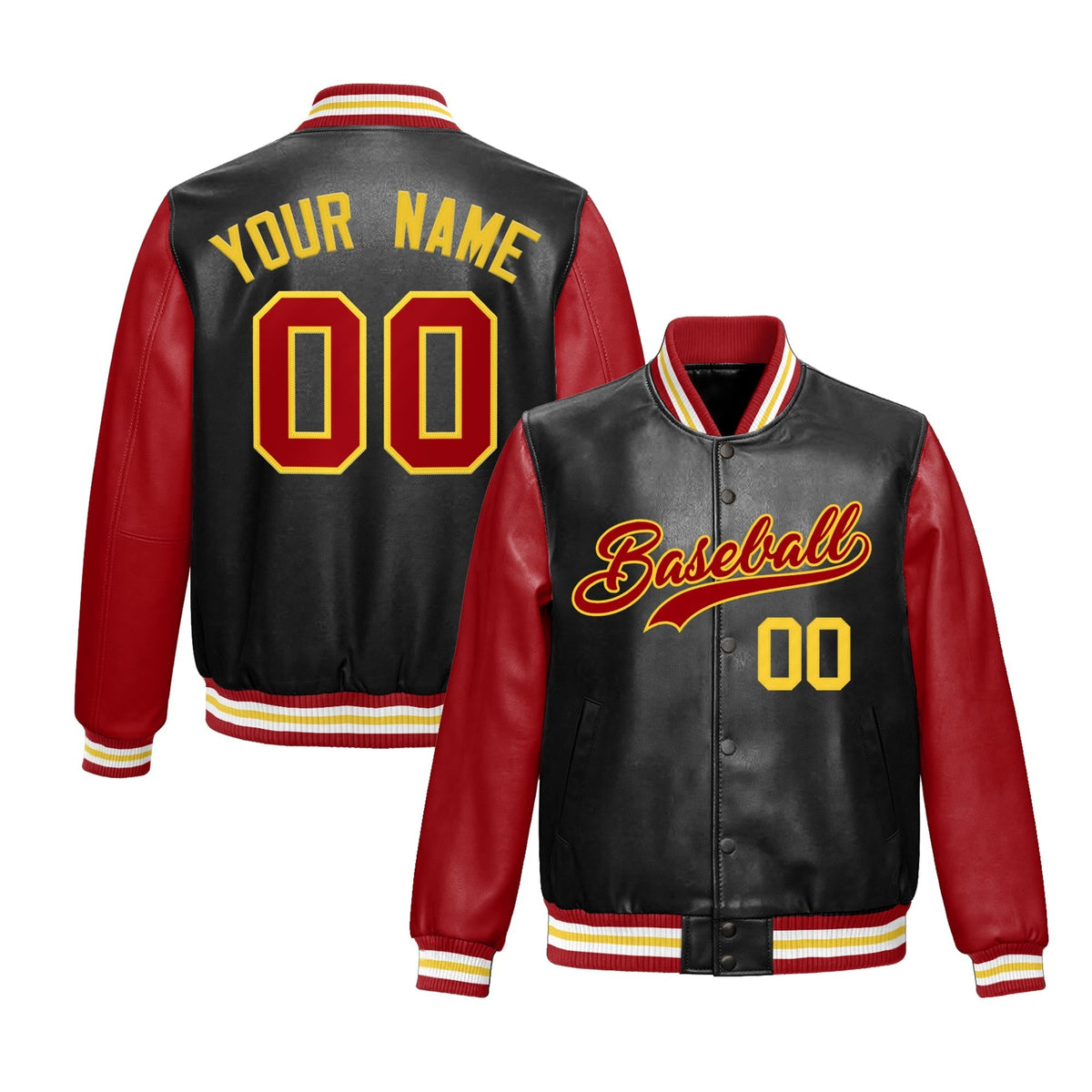 Custom Black Red Gold Raglan Sleeves Full-Snap Varsity Faux Leather Letterman Jacket
