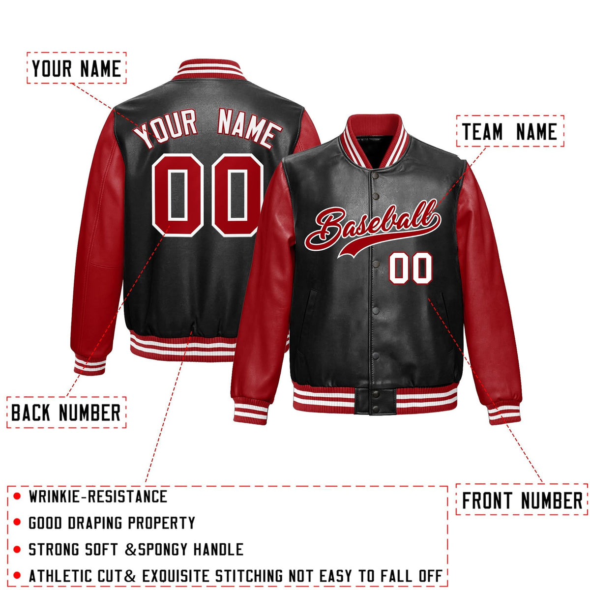 Custom Black Red White Raglan Sleeves Full-Snap Varsity Faux Leather Letterman Jacket