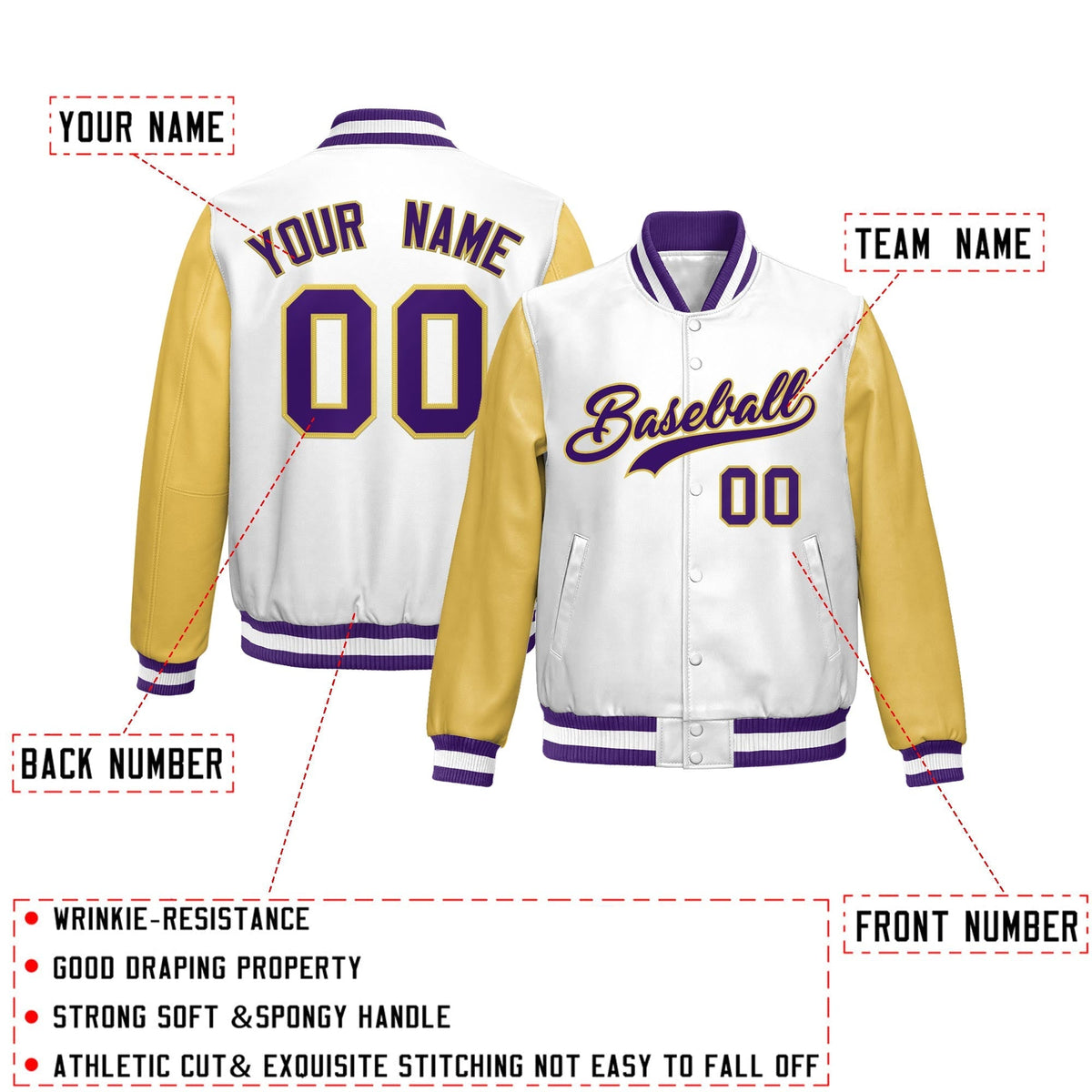 Custom White Khaki Raglan Sleeves Full-Snap Varsity Faux Leather Letterman Jacket