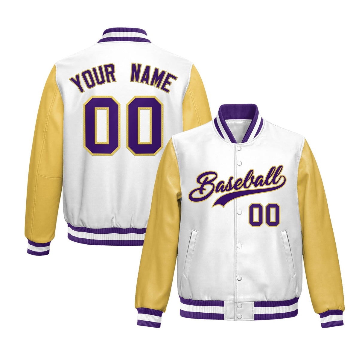 Custom White Khaki Raglan Sleeves Full-Snap Varsity Faux Leather Letterman Jacket
