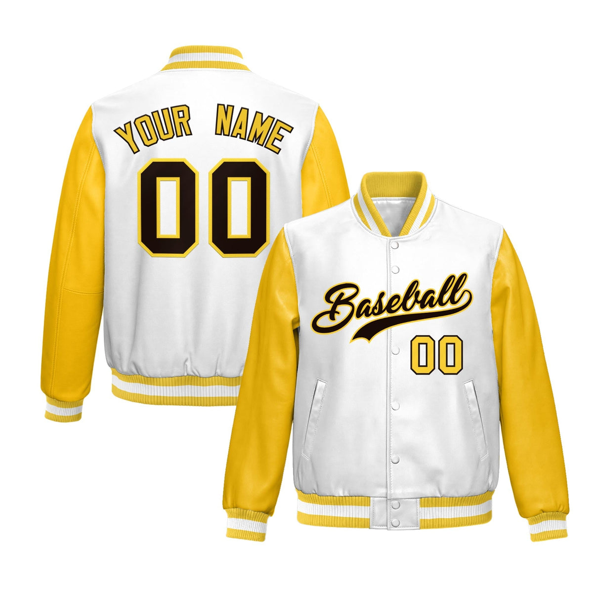 Custom White Yellow Raglan Sleeves Full-Snap Varsity Faux Leather Letterman Jacket