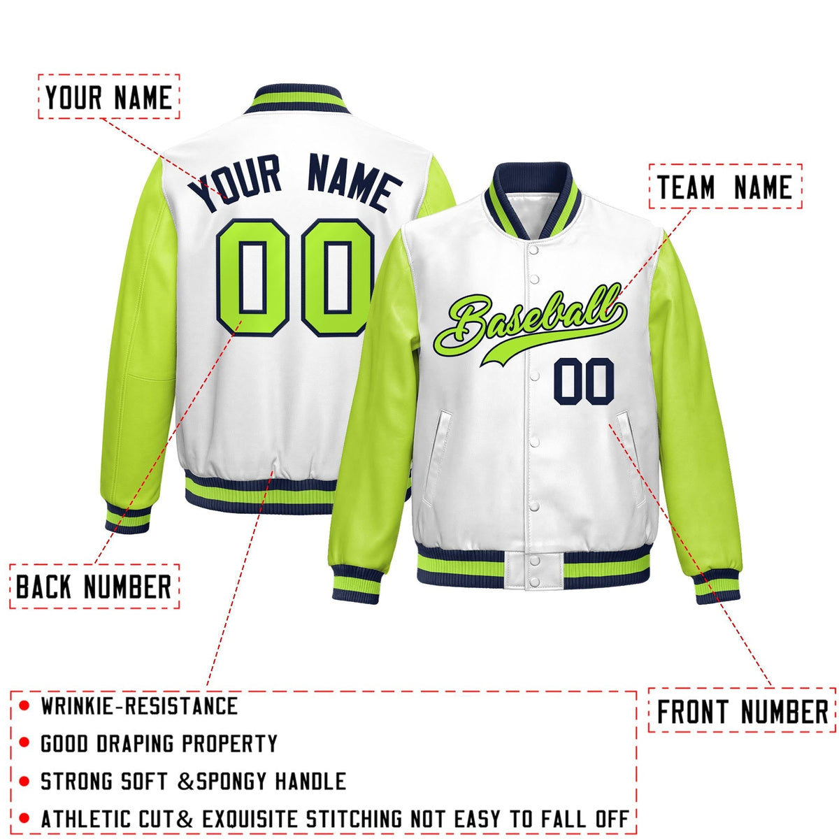 Custom White Neon Green Raglan Sleeves Full-Snap Varsity Faux Leather Letterman Jacket