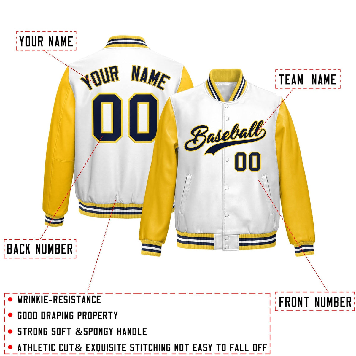 Custom White Yellow Raglan Sleeves Full-Snap Varsity Faux Leather Letterman Jacket