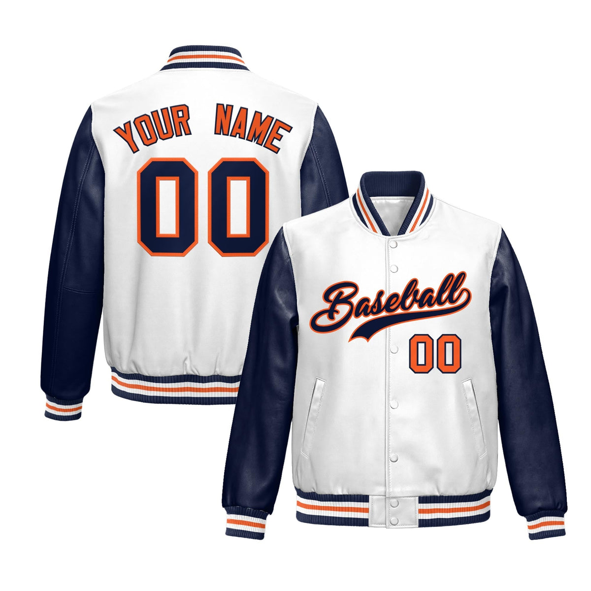 Custom White Navy Raglan Sleeves Full-Snap Varsity Faux Leather Letterman Jacket