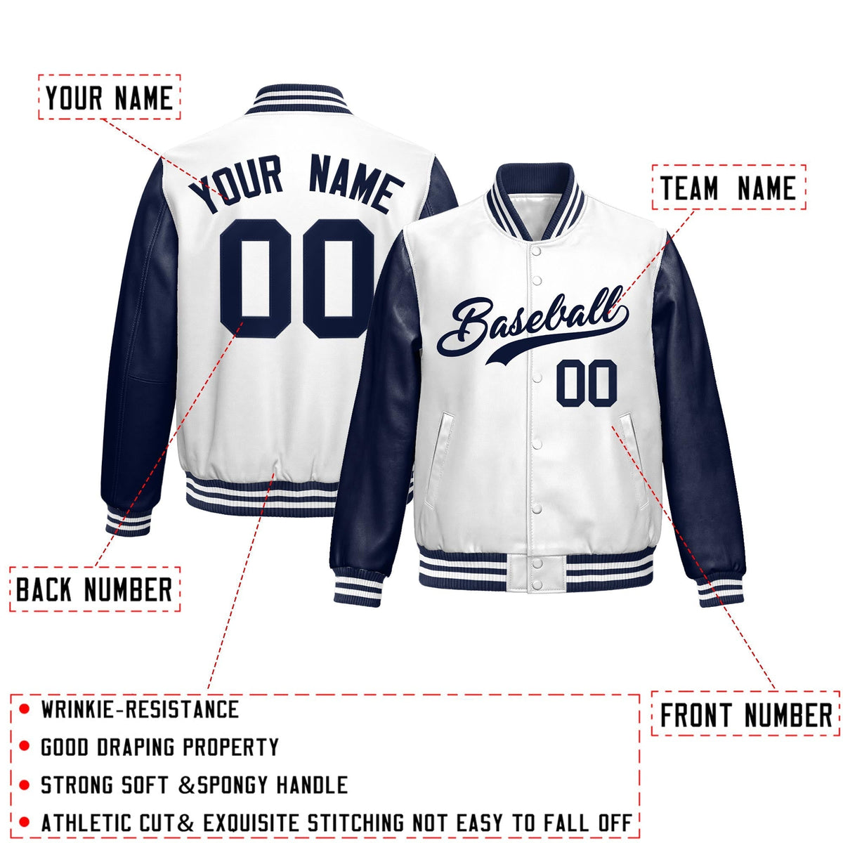 Custom Navy White Raglan Sleeves Full-Snap Varsity Faux Leather Letterman Jacket