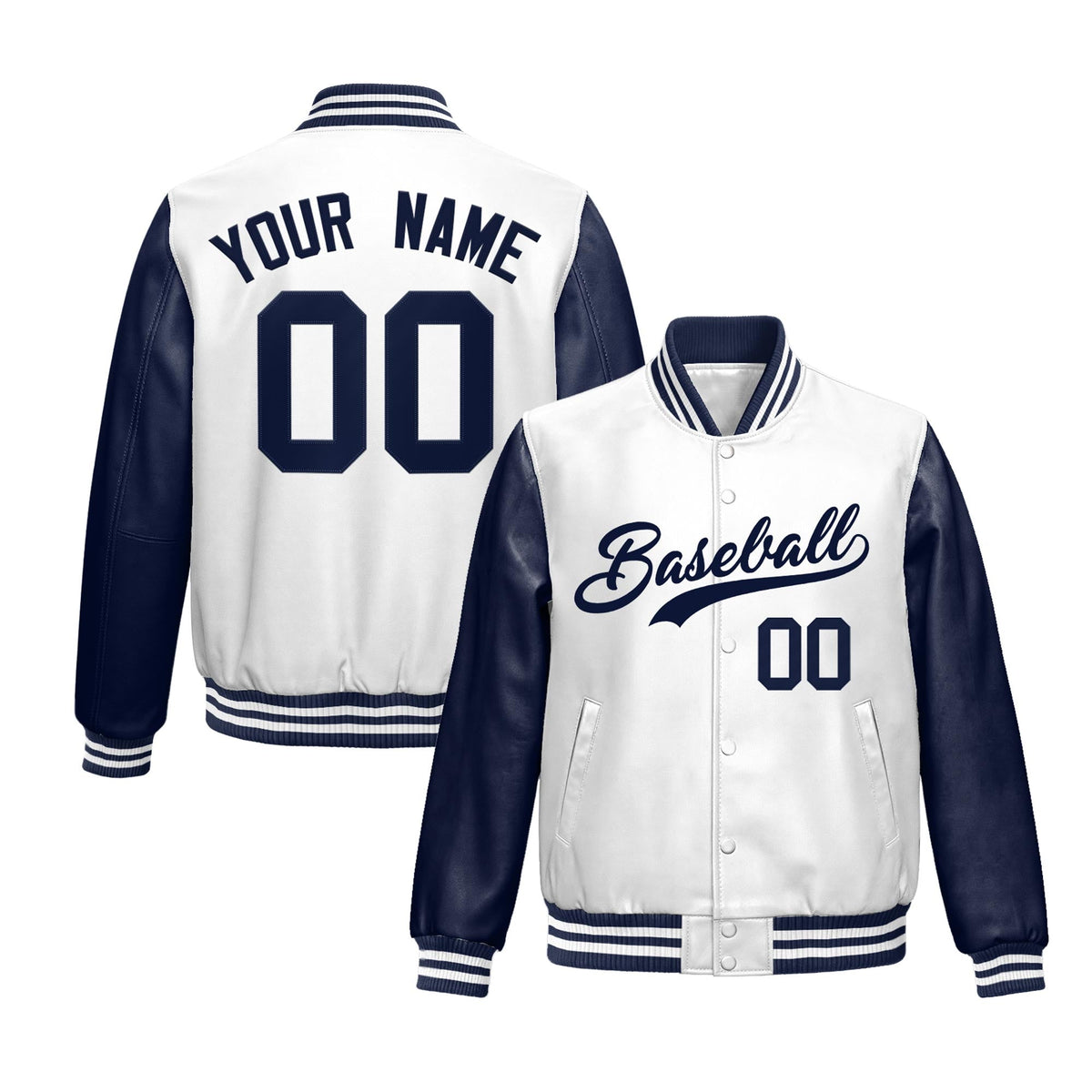Custom Navy White Raglan Sleeves Full-Snap Varsity Faux Leather Letterman Jacket