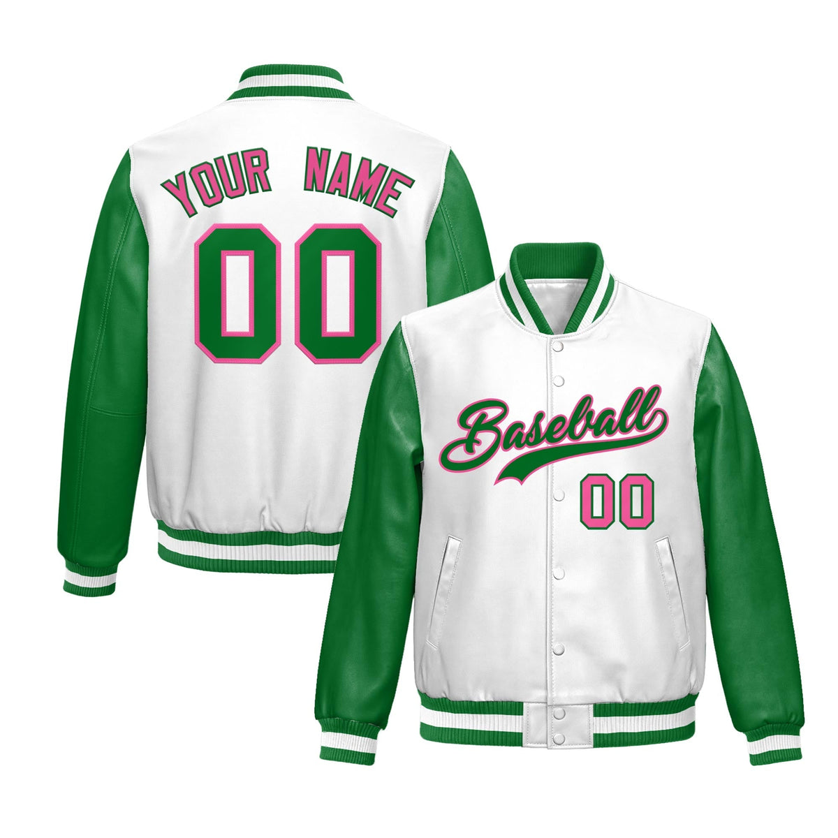 Custom Kelly Green White Raglan Sleeves Full-Snap Varsity Faux Leather Letterman Jacket