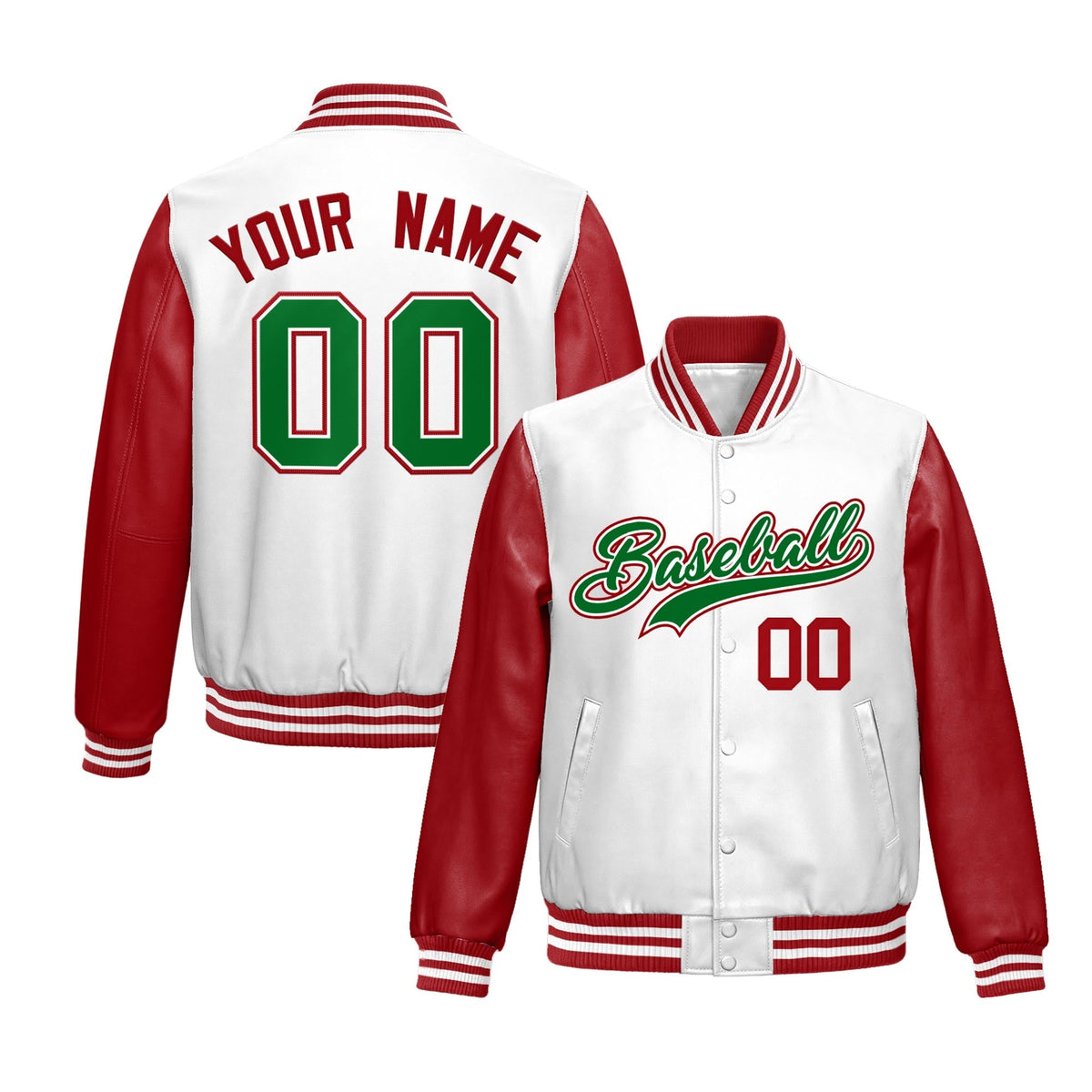 Custom White Red Raglan Sleeves Full-Snap Varsity Faux Leather Letterman Jacket