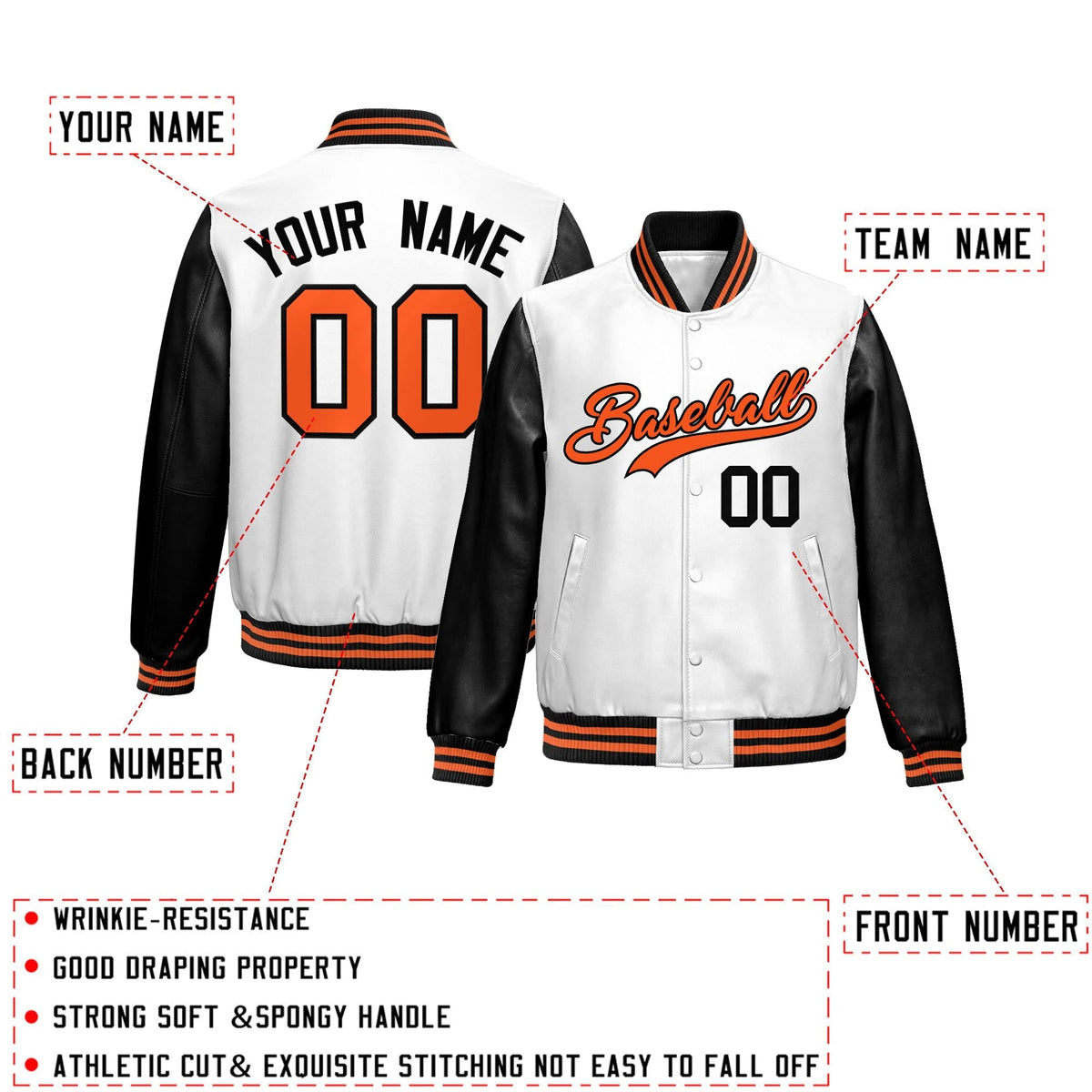 Custom White Black Raglan Sleeves Full-Snap Varsity Faux Leather Letterman Jacket